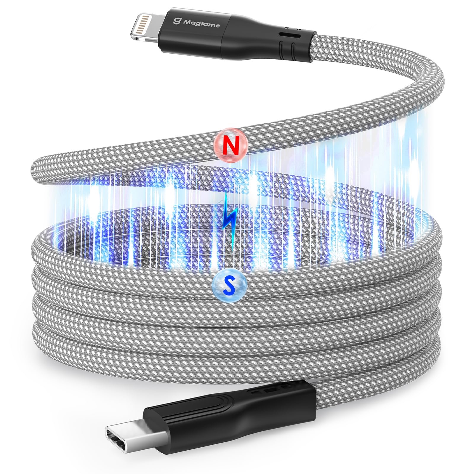 Magtame Magnetic USB C to Lightning Kabel Coiled, 1M MFi Certified Phone Schnellladen, Geflochtenes Typ C to Lightning Kabel für Phone 14 13 12 11 Pro XR XS X 8 Plus SE