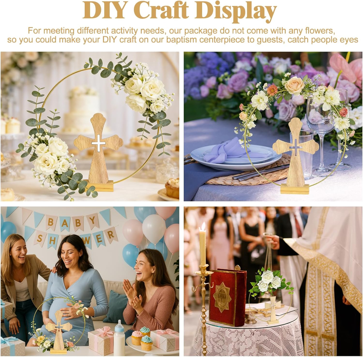 Mototo 48 Pcs Standing Wooden Cross Baptism Centerpieces Decor 16 Wooden Cross with Base 16 Gold Metal Floral Hoop with Wooden Stand Baptism Centerpiece Table Decor for Wedding Event Home Table