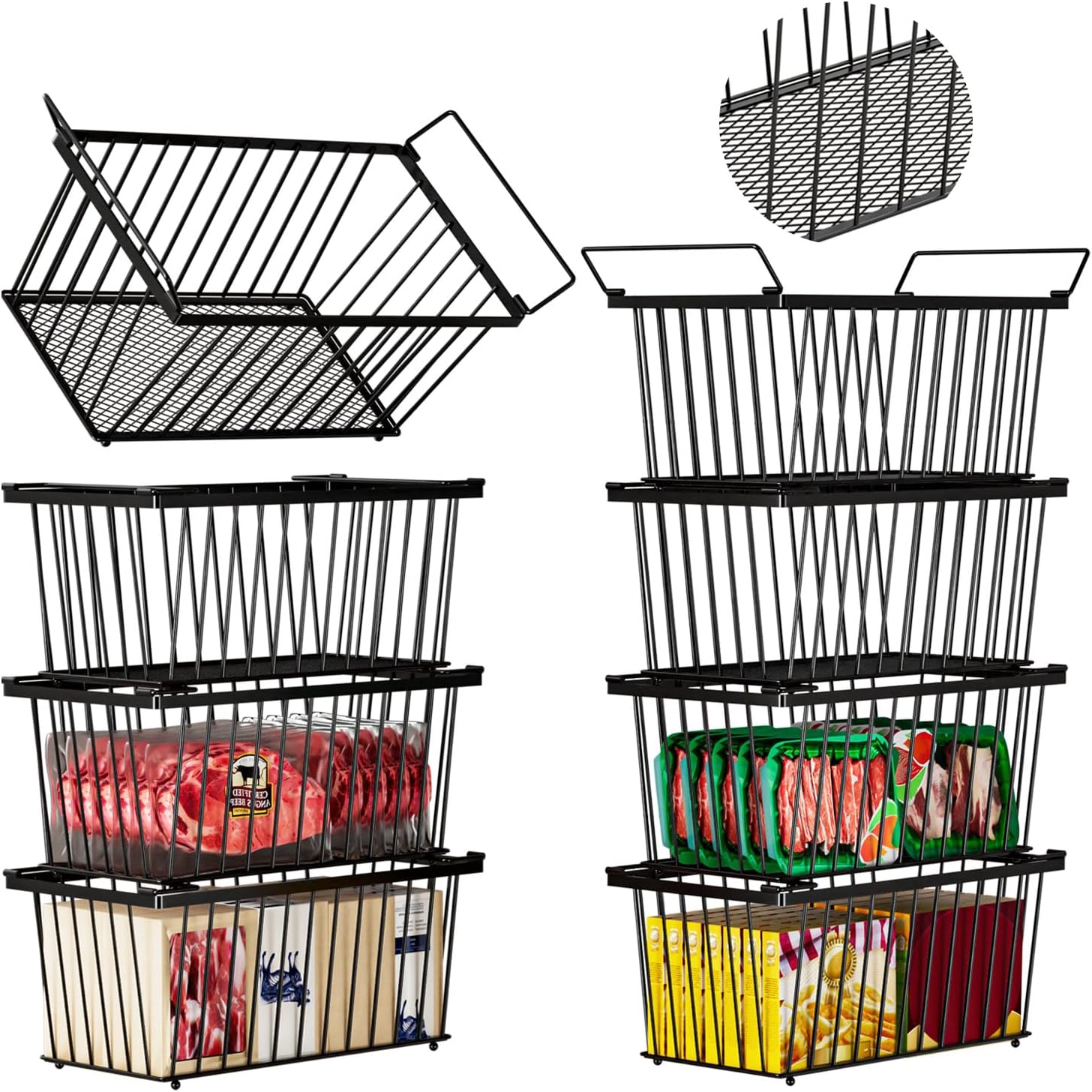 Enhanced Leak-Proof Bottom - Freezer Organizer Bins ，8 Pack Stackable Deep Freezer Organizer Bins for 7 Cu.FT Small Chest Freezer，organization and storage，pantry organizers (Black 8 Pack)