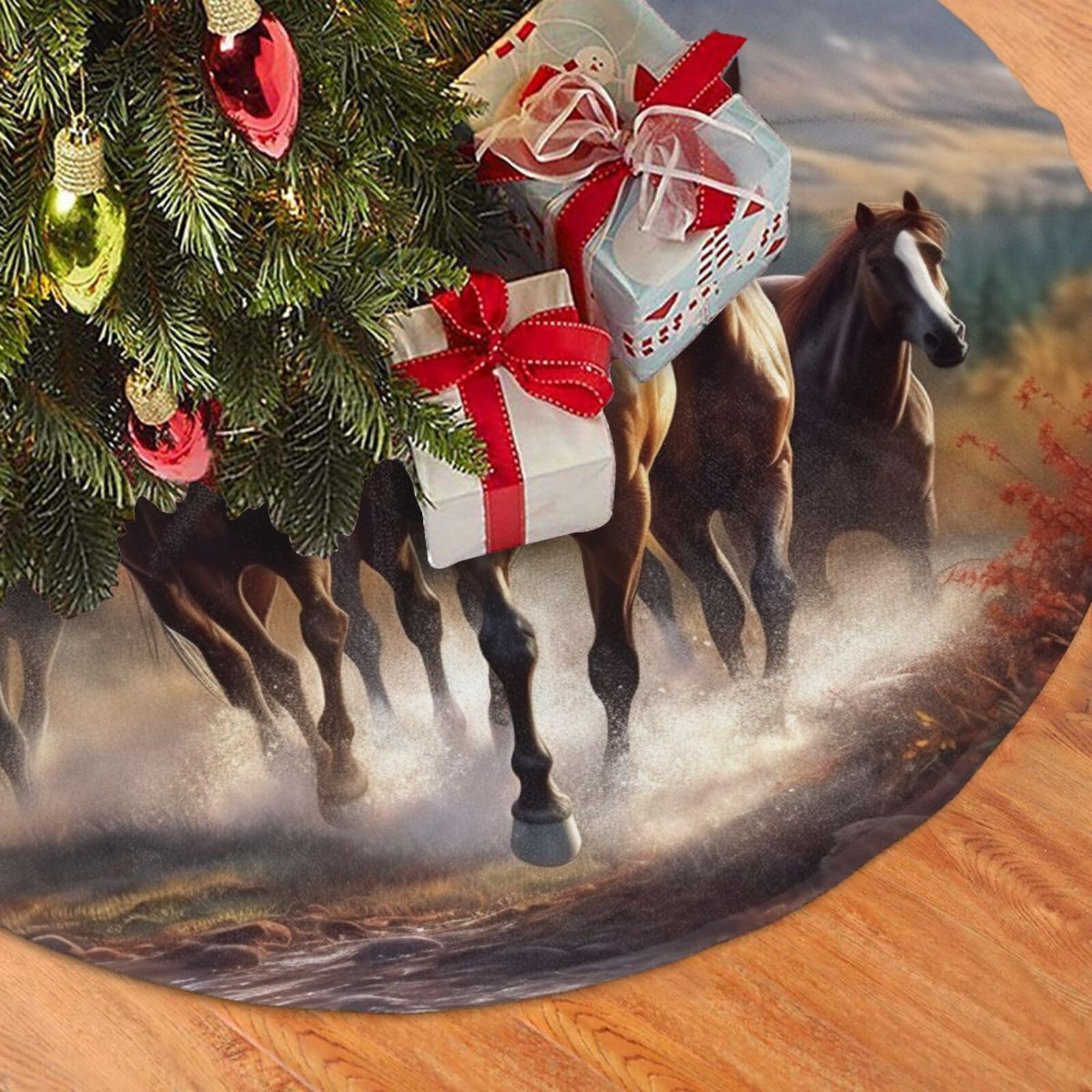 Fodpand Black Horses Christmas Tree Skirt 48" Velvet Xmas Tree Skirt Mat Rustic Christmas Tree Mat Cover Winter Xmas Tree Collar For Indoor Outdoor Christmas Decorations