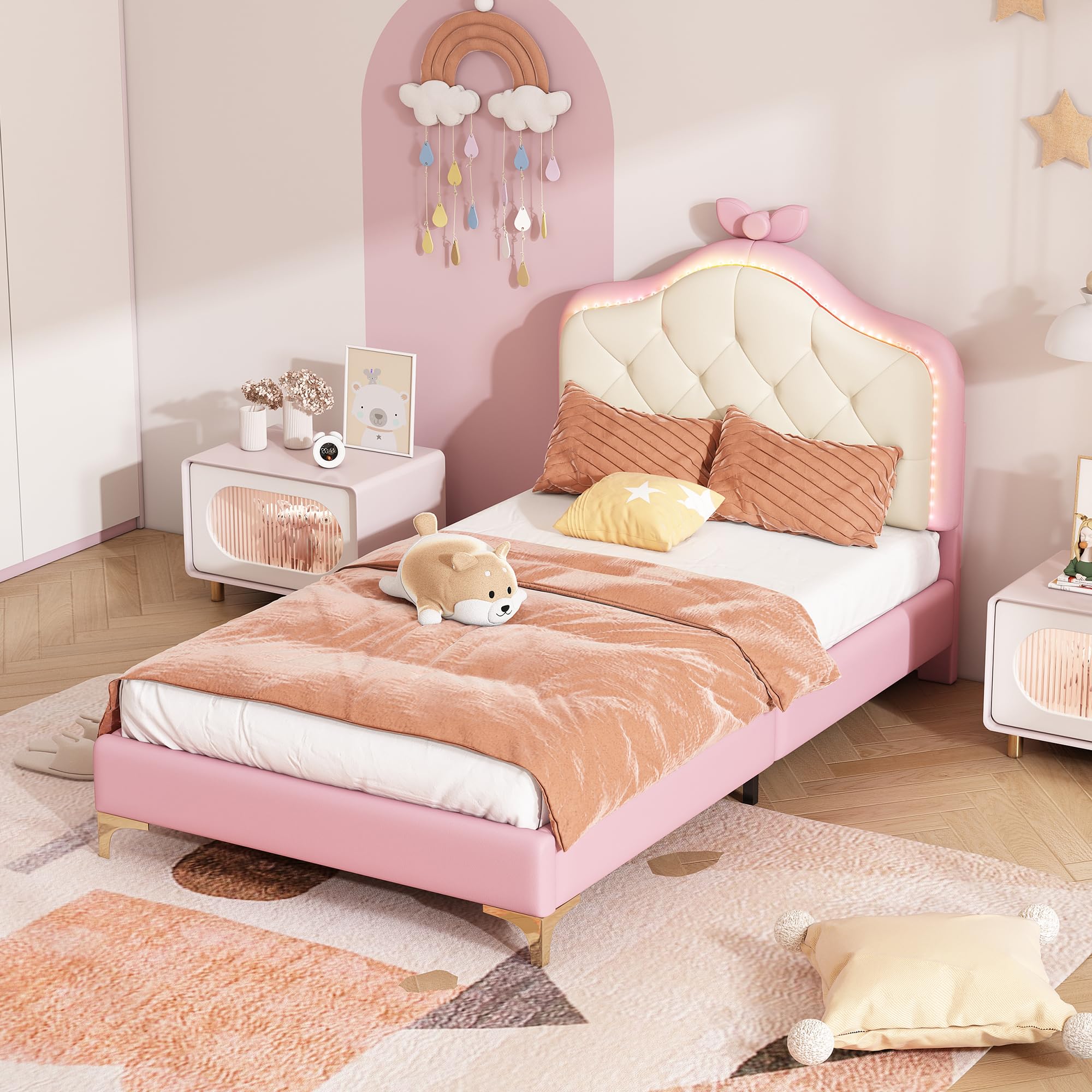 Cama tapizada mágica de princesa: rosa y blanco, 90 x 200 cm, cabecero con forma de nube con lazo y tiras LED, piel sintética, cama individual para niñas, ideal para habitación infantil con somier de