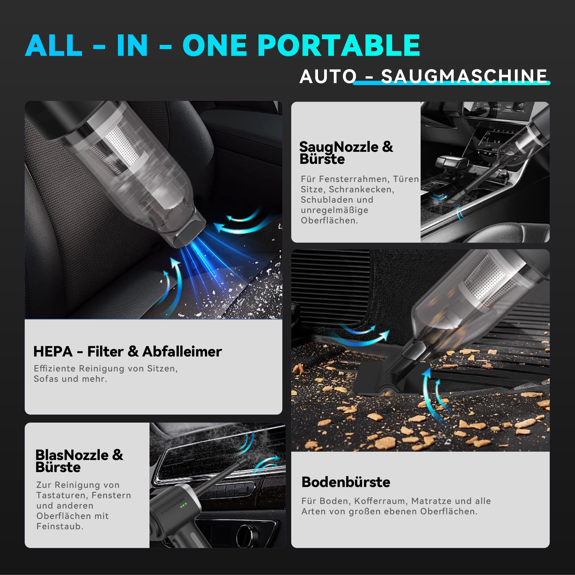 Handstaubsauger Handstaubsauger Akku Autostaubsauger Stark 28000Pa 4-in-1 für Auto Tierhaare Innenraum Haushalt (Schwarz)