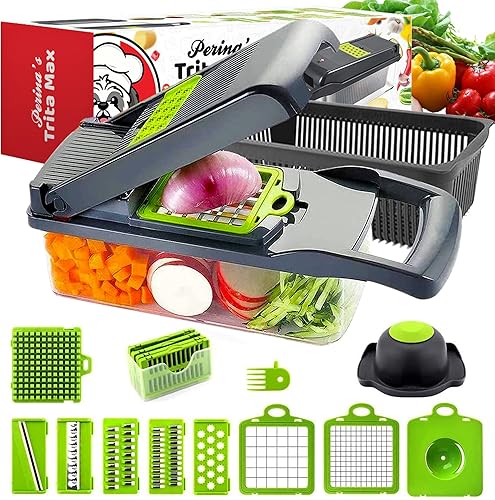 The Original Perinas Trita Max - Picador de verduras multifuncional 12 en 1 picador de cebolla 5 rebanadoras 2 cuchillas afiladas con contenedor