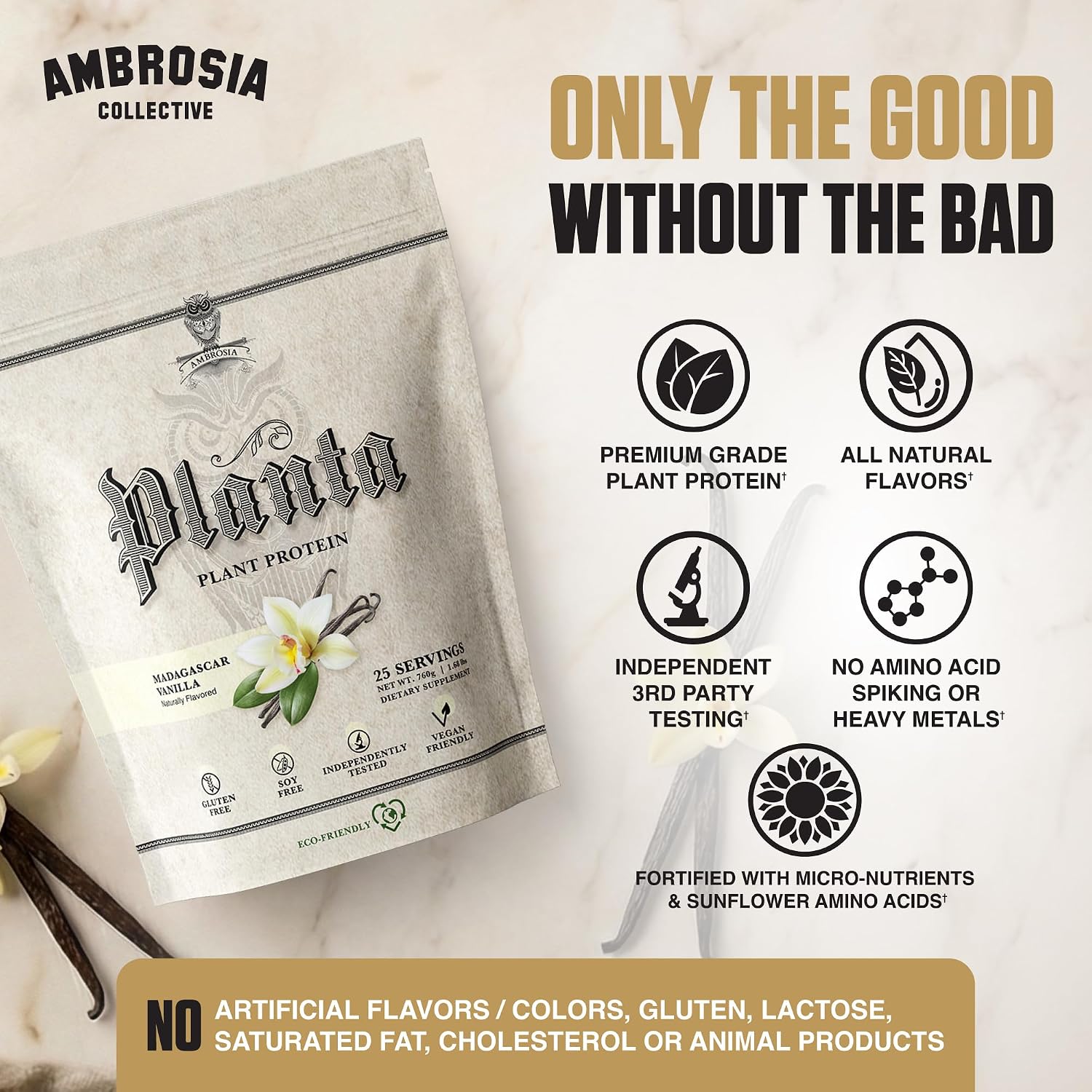 Ambrosia Plant Based Protein Powder 20g | Clean Vegan Pea Protein Powder | Gluten & Dairy Free, Keto Friendly, No Added Sugar | 25 Servings | Vanilla
