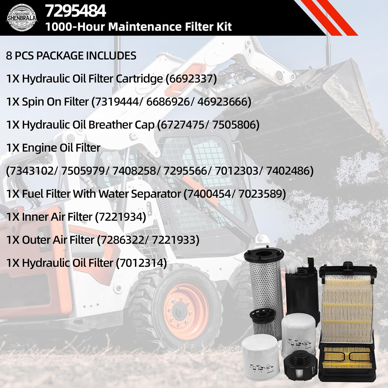 7295484 1000-Hour Maintenance Filter Kit 8Pcs for Bobcat S630 S650 T630 T650 T870; 7023589 7286322 7221934 6727475 7343102 6692337 7319444 7012314; w/Both Spin-on & Canister Cartridge