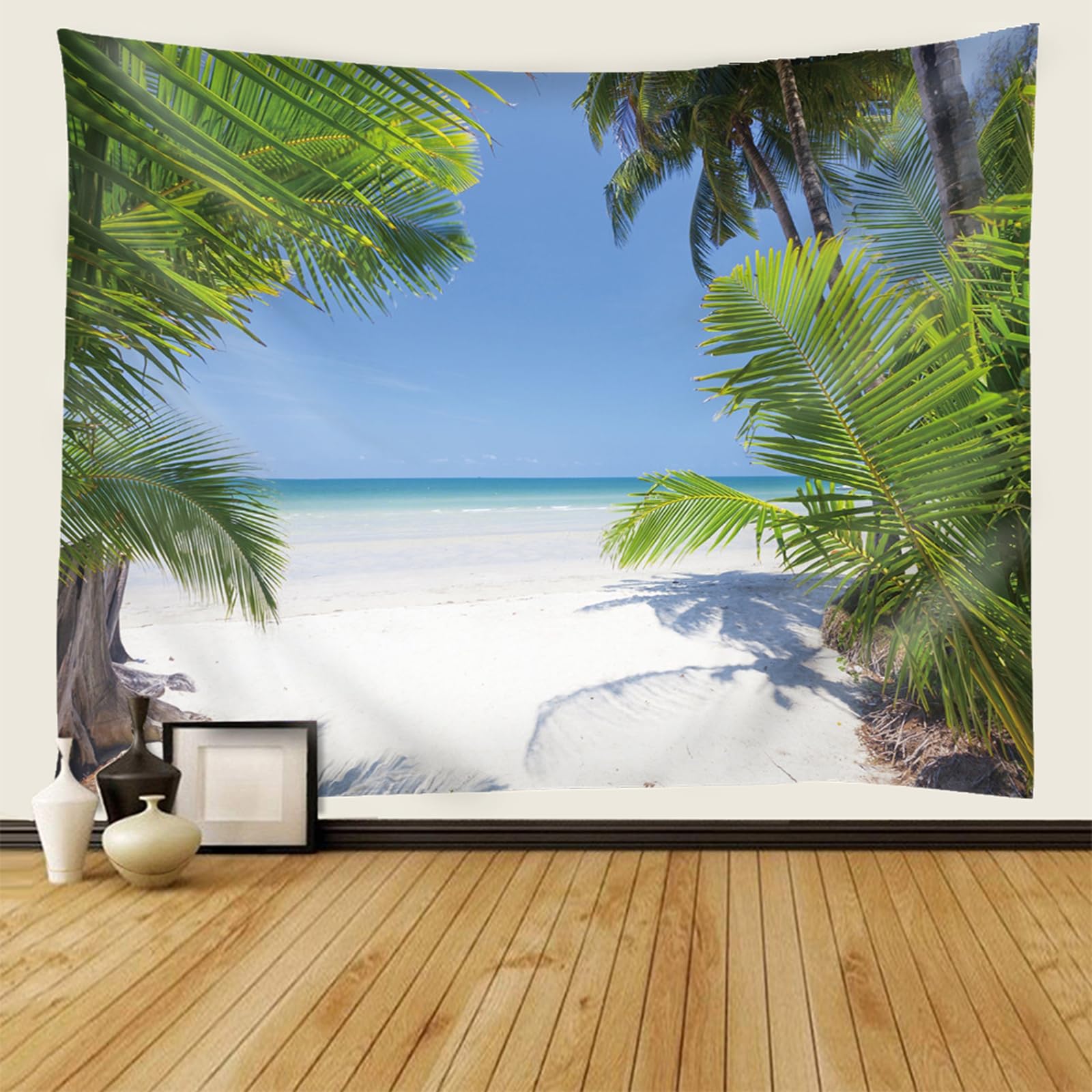 RDSGYZ Dywan ścienny do pokoju dziecięcego, 260 x 240 cm, zasłona ścienna z motywem krajobrazu, na plażę, palmy kokosowe, chusta na ścianę, dekoracja ścienna, do mieszkania, sypialni