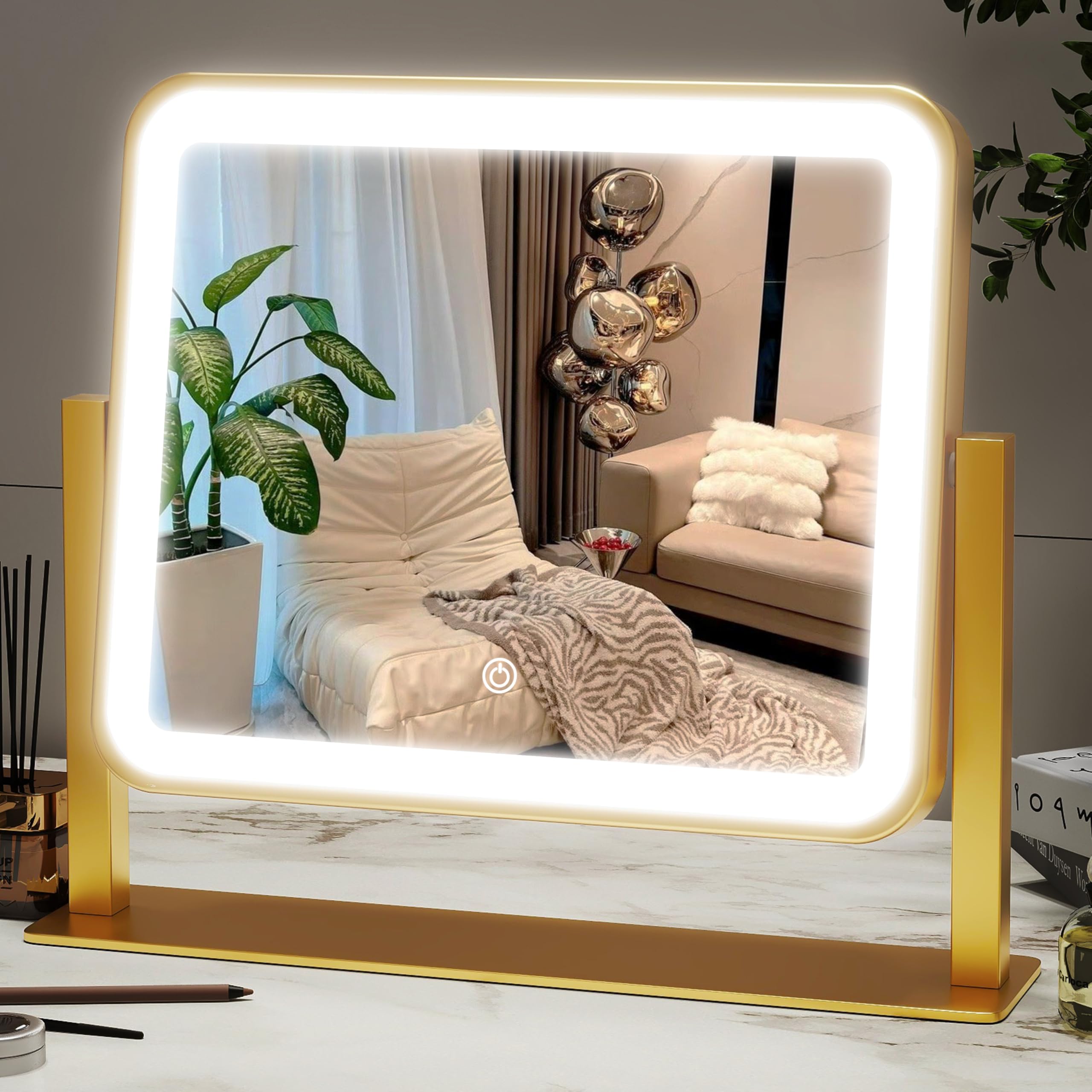 ROLOVE Gold Lighted Makeup Mirror, 14"x12" Vanity Mirror with Smart Touch Control, 3-Color Dimmable Lighting, 360° Rotation for Desk or Bedroom