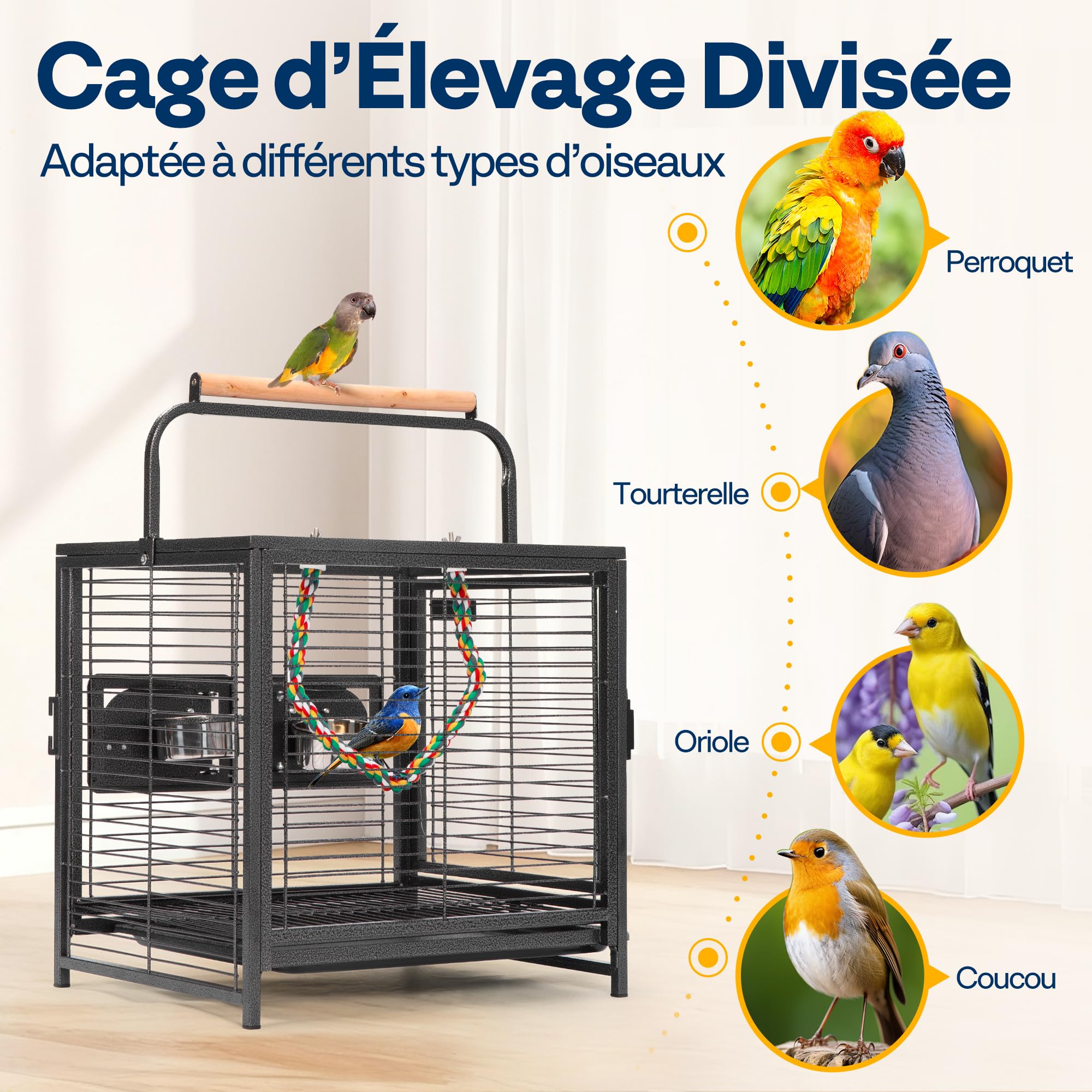 VIVOHOME Cage de Transport en Fer Forgé 48cm pour Oiseaux avec 2 Mangeoires, Perchoir en Bois et Plateau Coulissant, Portable pour Perroquets Conures Inséparables Calopsittes et Perruches, Noir