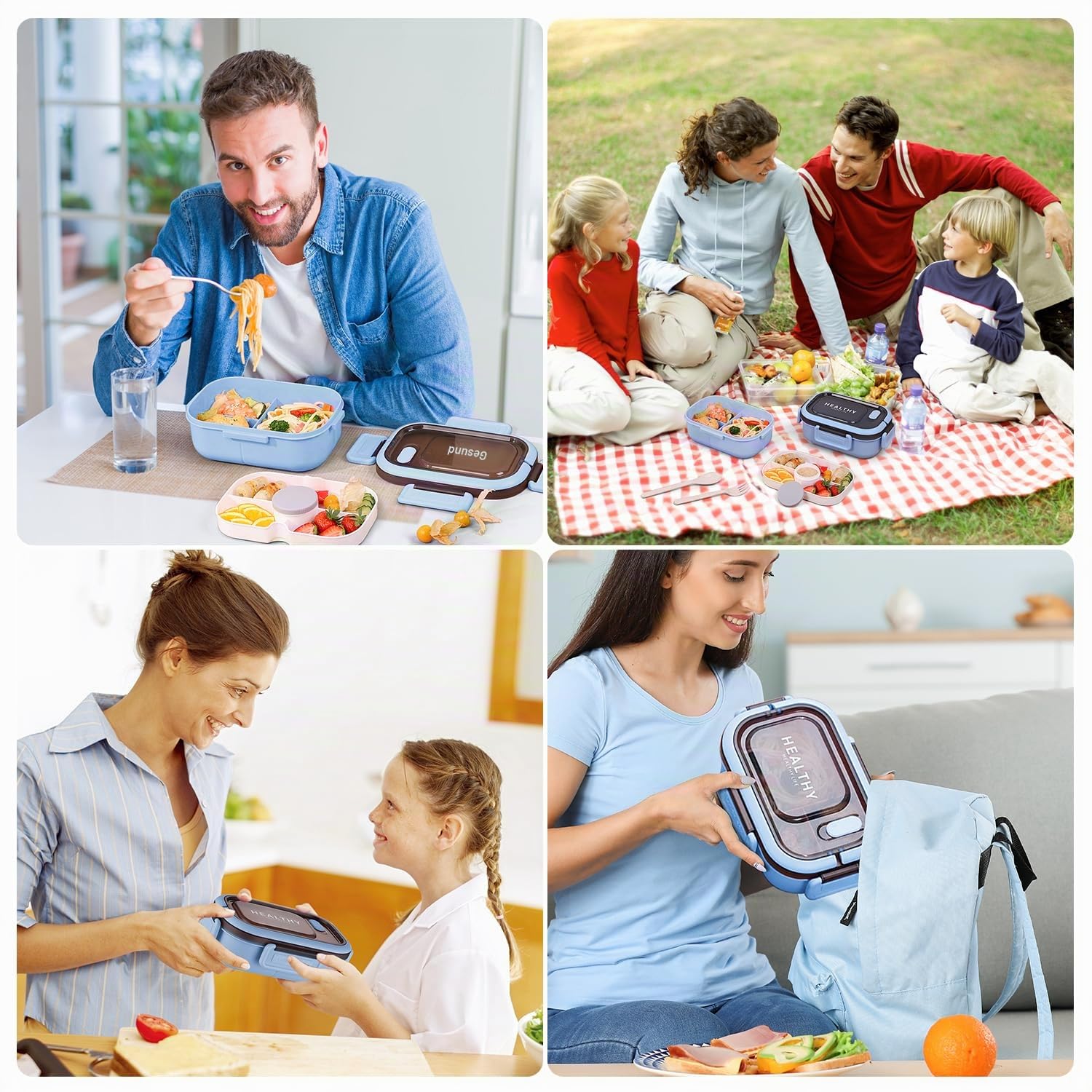 OWill Lunchbox,brotdose mit fächern 1200ml,lunchbox erwachsene mit griff,bento box mit soßentopf und Besteckset,lunchbox kinder,jausenbox erwachsene kinder,mikrowellen und spülmaschinenfest,Blau