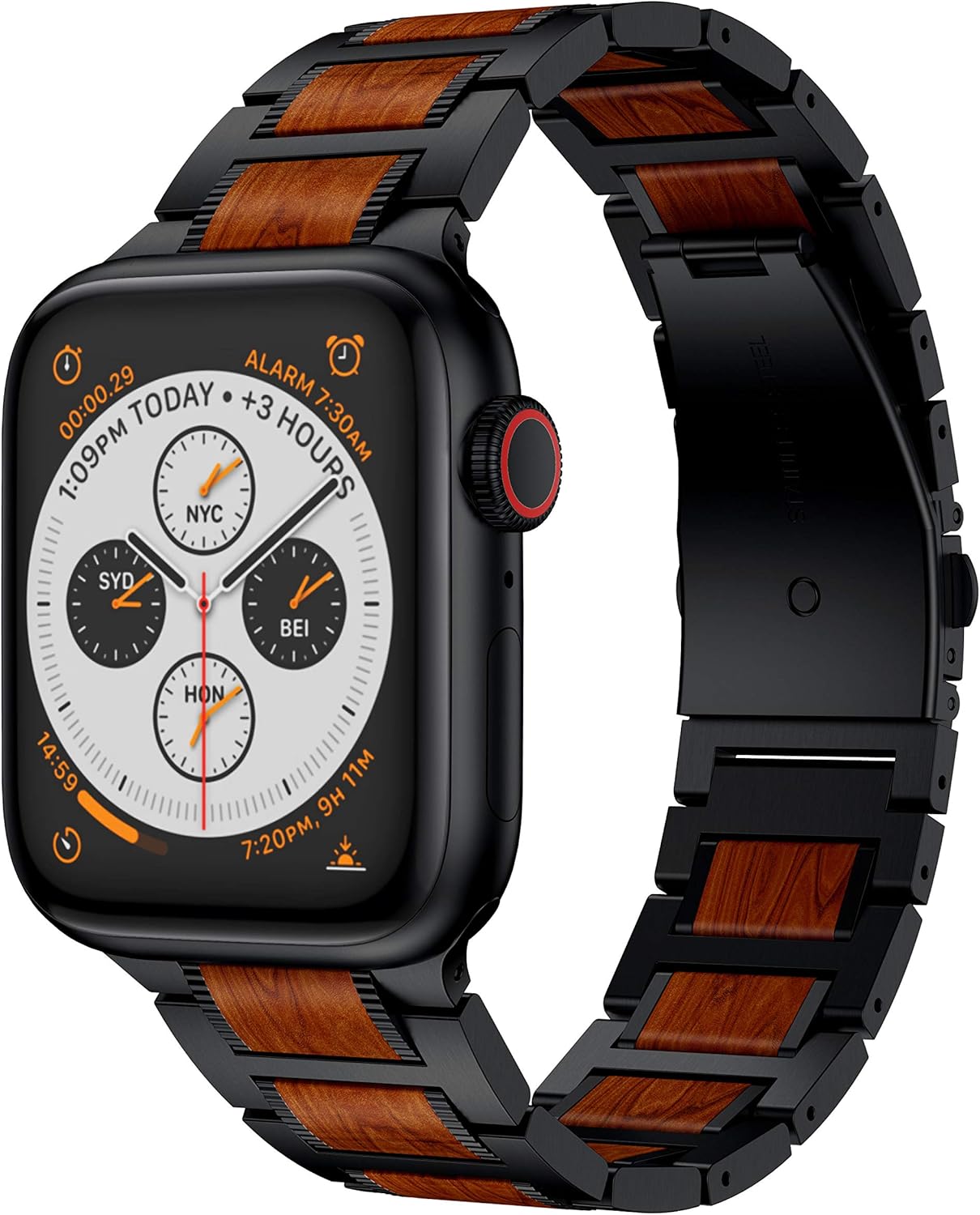 Nеw Dеаl LDFAS Compatible for Apple Watch Band 45mm 44mm 42mm, Natural Wood Red Sandalwood Stainless Steel Metal Strap for iWatch Bands Compatible for Apple Watch SE, Apple Watch Series 7/6/5/4/3, Black