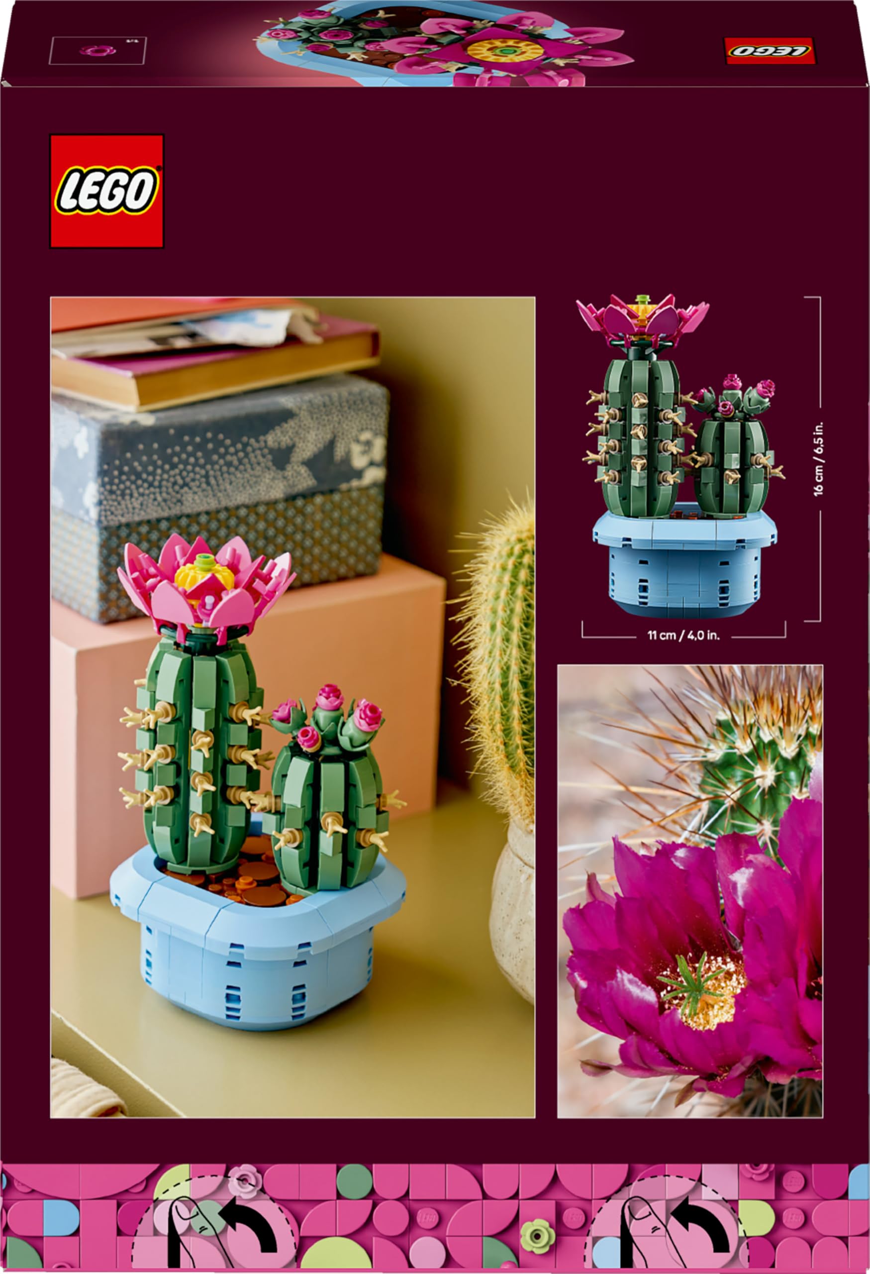 LEGO Botanicals Kwitnący kaktus, roślina ozdobna w doniczce do zbudowania, zestaw klocków dla dzieci, pomysł na prezent dla dziewczynek od 9 lat, chłopców i miłośników sztucznych kwiatów 11509