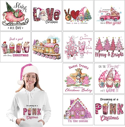 Fumete 12 hojas de transferencia para planchar de Navidad para camisetas, calcomanías rosadas para planchar, alce, muñeco de nieve, árbol,