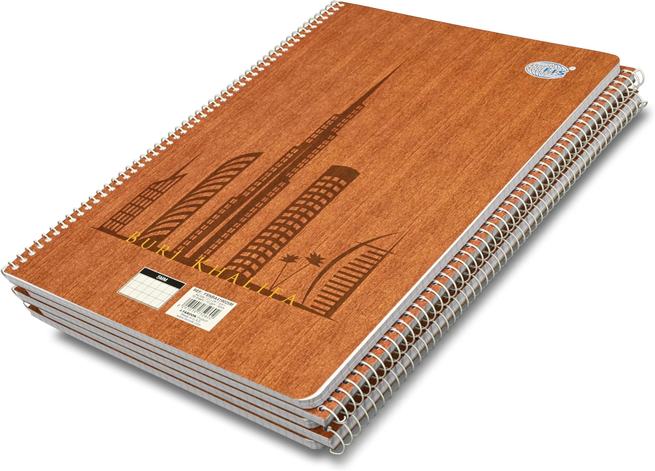FIS Burj Khalifa Spiral Note Book, 5mm Square, (70 Sheets), 70 GSM, A4 Size 5-Piece - FSNBA419025M