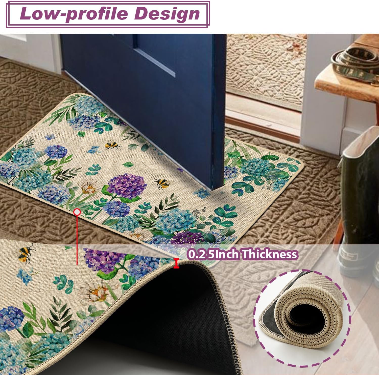 Baccessor Hydrangea Kitchen Rugs Set of 2, Spring Summer Floral Kitchen Mats for Floor Hallway Laundry Sink Low-Profile Home Decoration 17x29 and 17x47 Inch