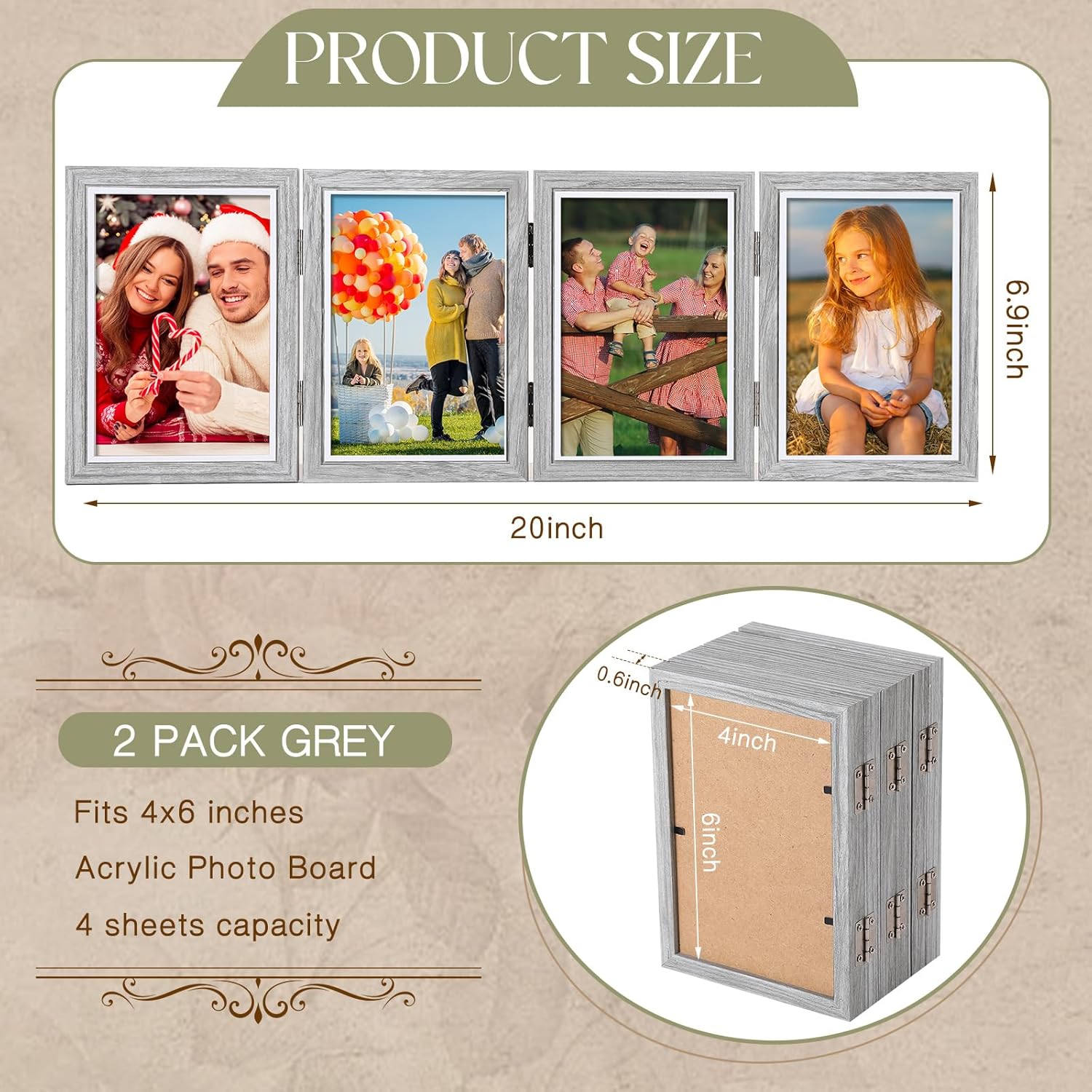 Sintuff 2 Pack 4 Folding Christmas Picture Frame Collage 4×6 Inch for Photo Frame Hinged Collage Natural Wood Photo with High Definition Acrylic Rustic Desktop Gifts(Gray)