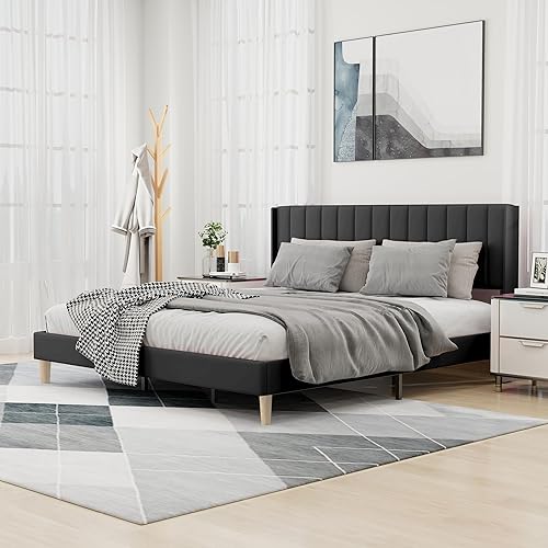 Miniatura 10 de alazyhome - Marco de cama tapizado de plataforma tamaño Queen con cabecera, soporte de listones de madera, sin ruido, fácil montaje, terciopelo