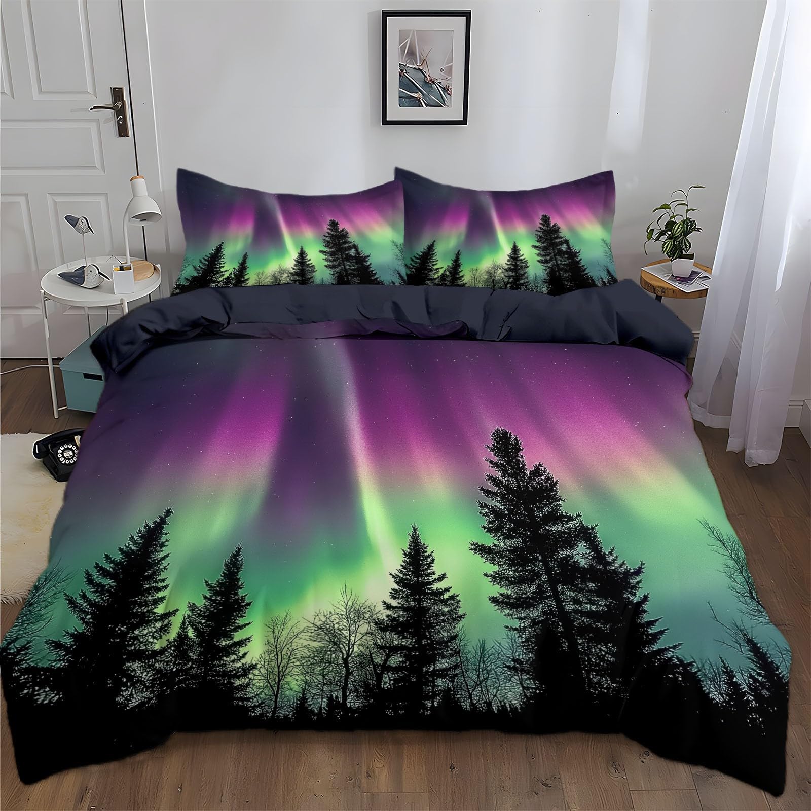 Générique Poszwa na kołdrę 240x260 cm Las Aurora Komplet pościeli z bawełny poliestrowej z miękkim i trwałym zamkiem błyskawicznym, z 2 poszewkami na poduszki 65x65cm