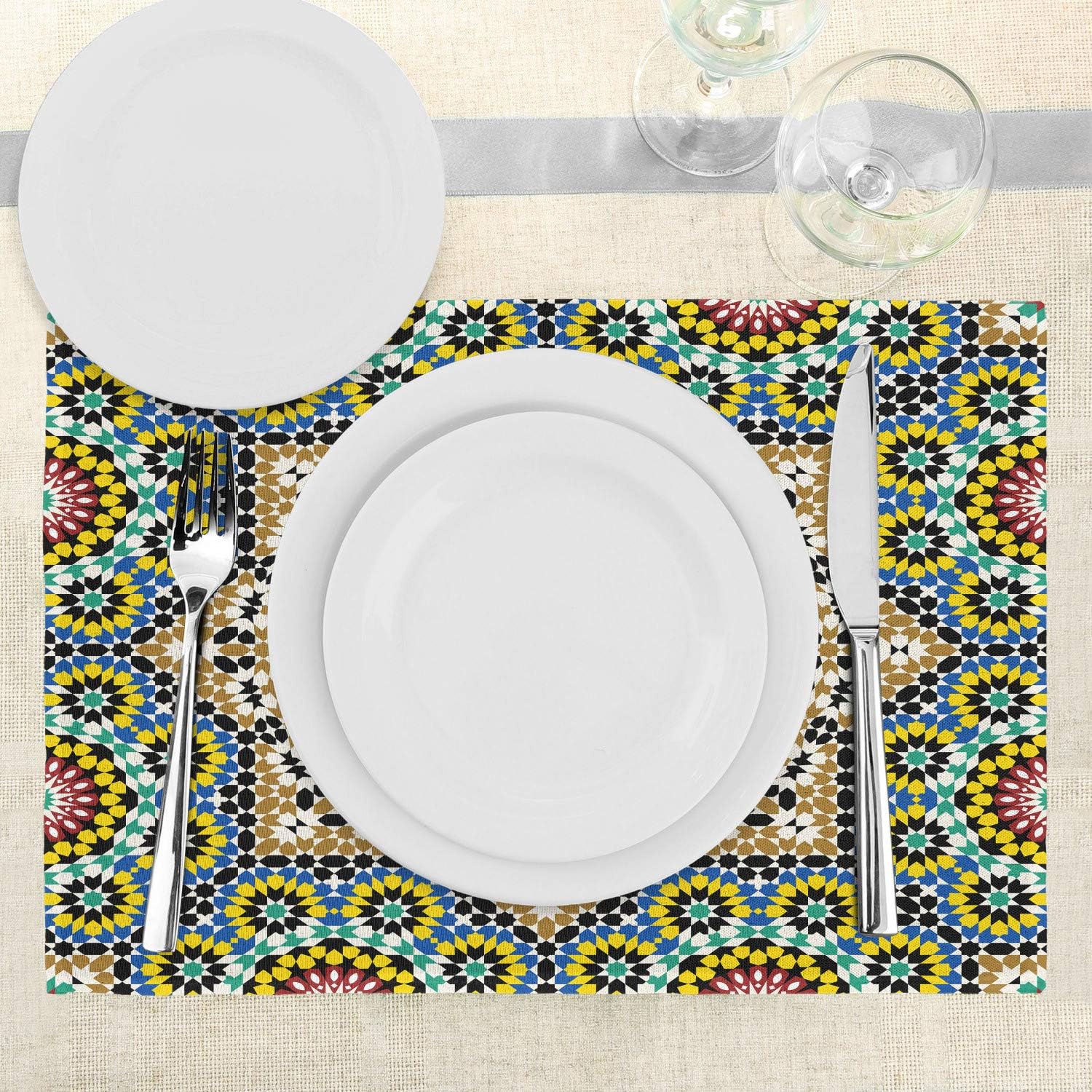 Lunarable Moroccan Place Mats Set of 4, Architectural Glaze Wall Tile Ceramic Historical Traveling Destinations, Washable Fabric Placemats for Dining Table, Standard Size, Khaki Blue