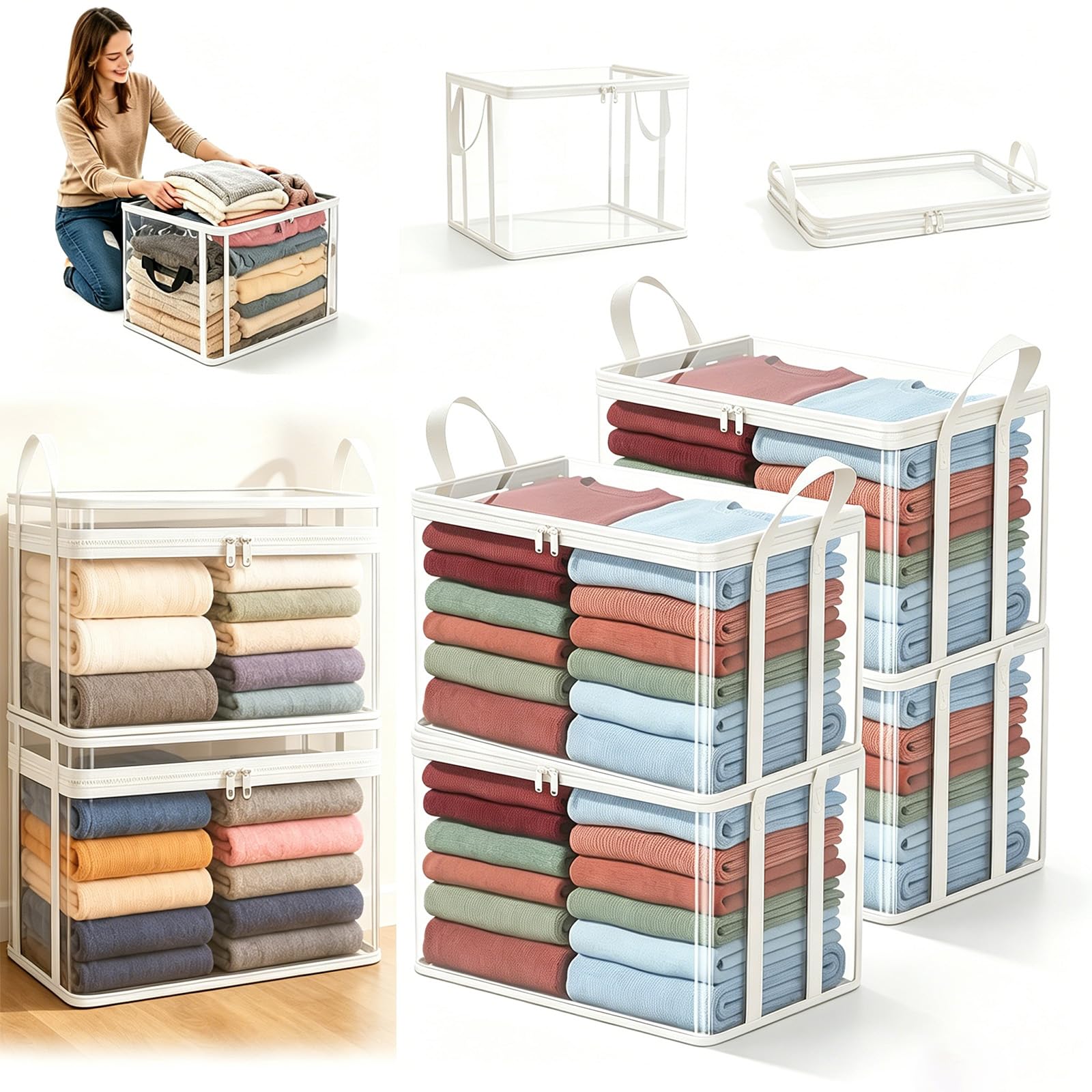 Grande Contenitore Trasparente in Plastica Spessa con Coperchio a Cerniera – Organizer Robusto, Durevole e ad Alta Capacità – Ideale per Casa, Campeggio (White*4,S(9.8 × 9.4 × 12 in))