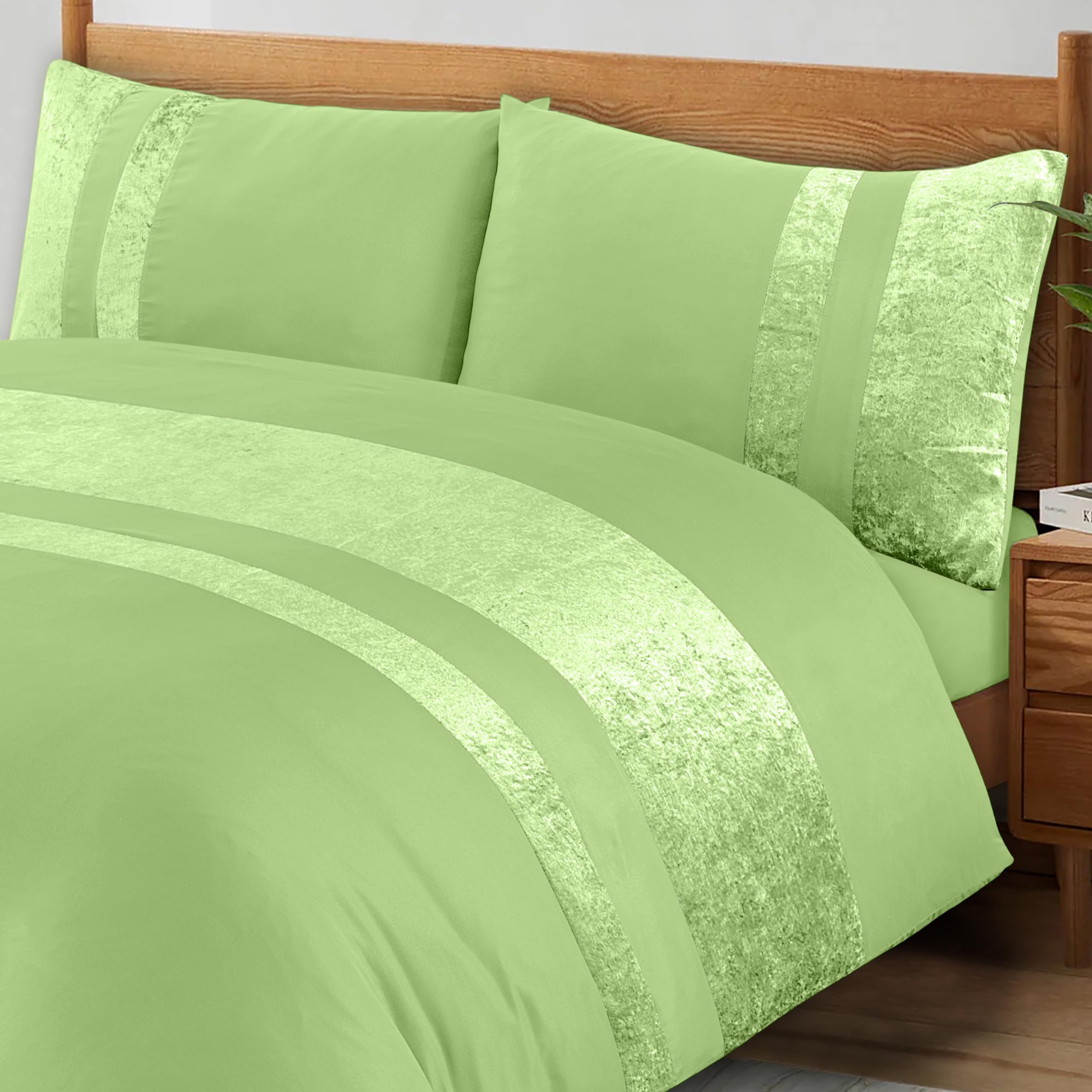 ZZZMRH Luxury Crushed Velvet Duvet Covers with 2 Pillow Cases Super King Bedding - Sage Crush Velvet Panel Band Superking Duvets Sets