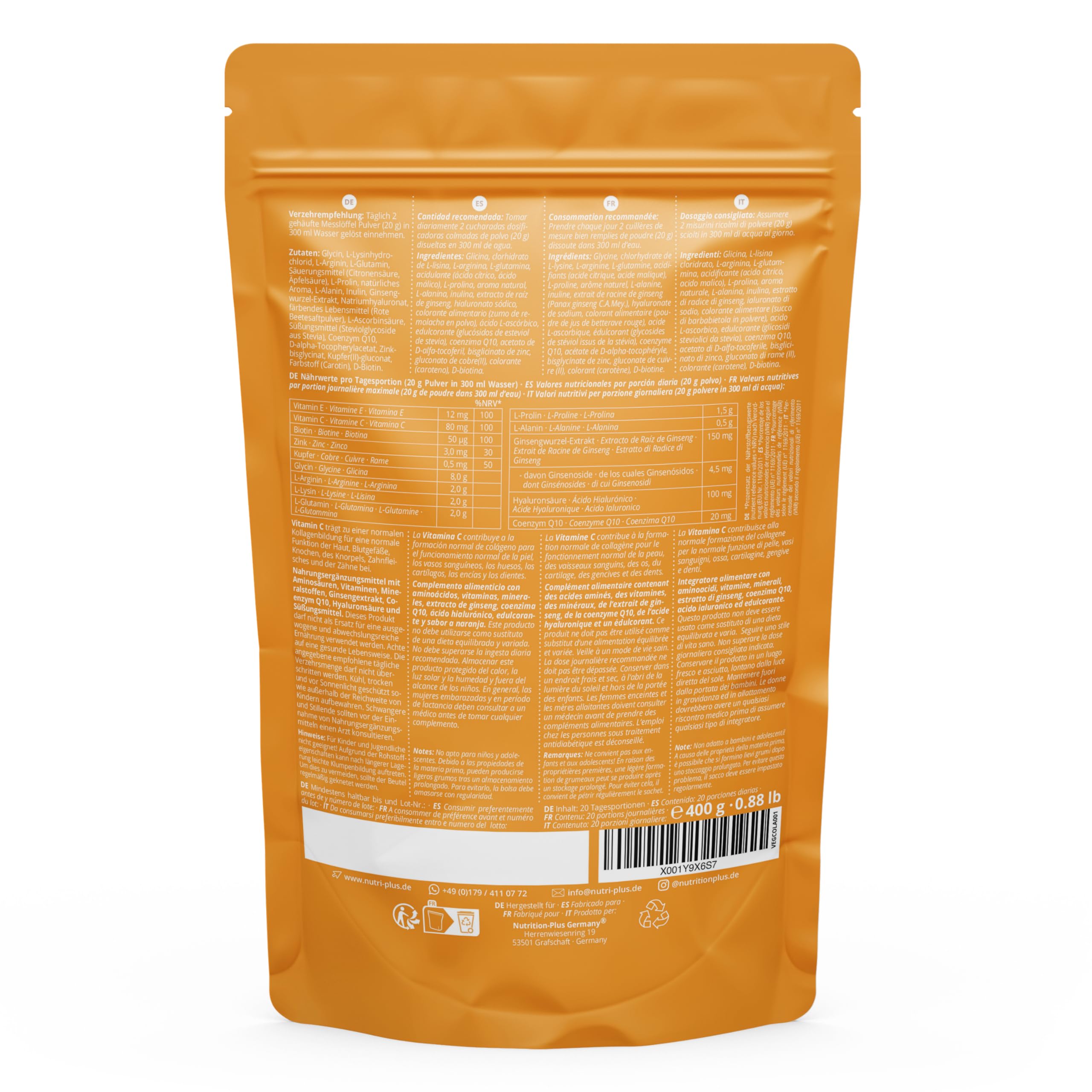 Nutri + Vegan Collagen Formation Support - Polvere Sostegno Formazione Peptidi di Collagene - con Acido ialuronico + Vitamina C per Pelle, Capelli, Unghie - 400 g Arancia