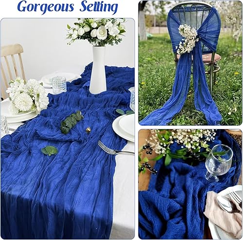 Miniatura 6 de Camino de mesa de gasa de color azul real de 10 pies de largo, camino de mesa de tela de gasa bohemio, camino de mesa rústico transparente para