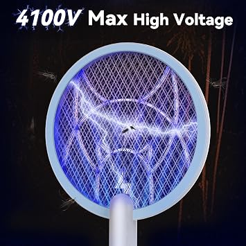 Nymrix Electric Fly Swatter Racket, 2 in 1 Mosquito Bug Zapper 4100V Max Handheld Mosquito Killer with 1800 mAh Rechargeable Battery, Purple Lightand 3-Layer Safety Mesh for Indoor Blue Two-Pack