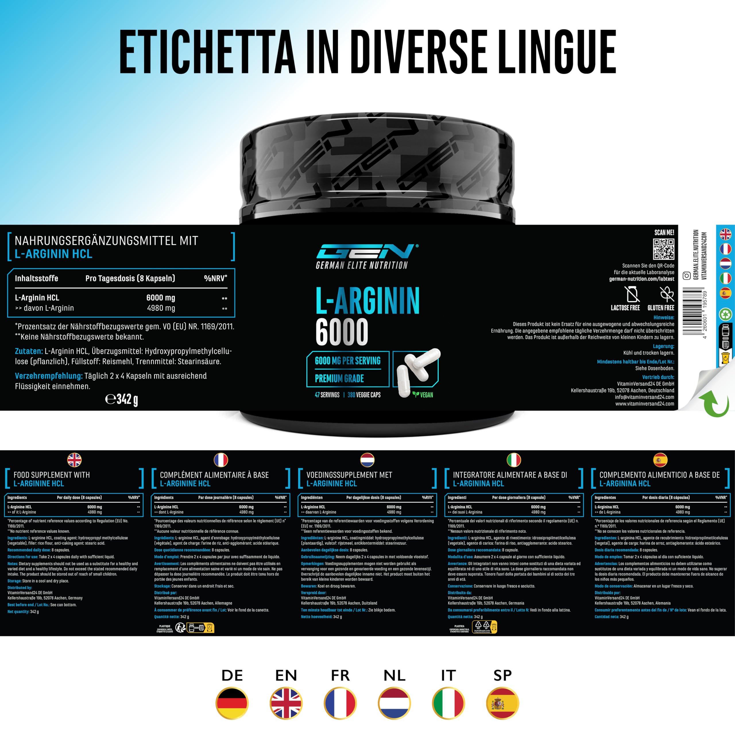 L-Arginin – 380 capsule vegane – 6000 mg di L-arginina HCL per porzione giornaliera con 4980 mg di arginina pura – Amminoacido ad alto dosaggio di origine vegetale