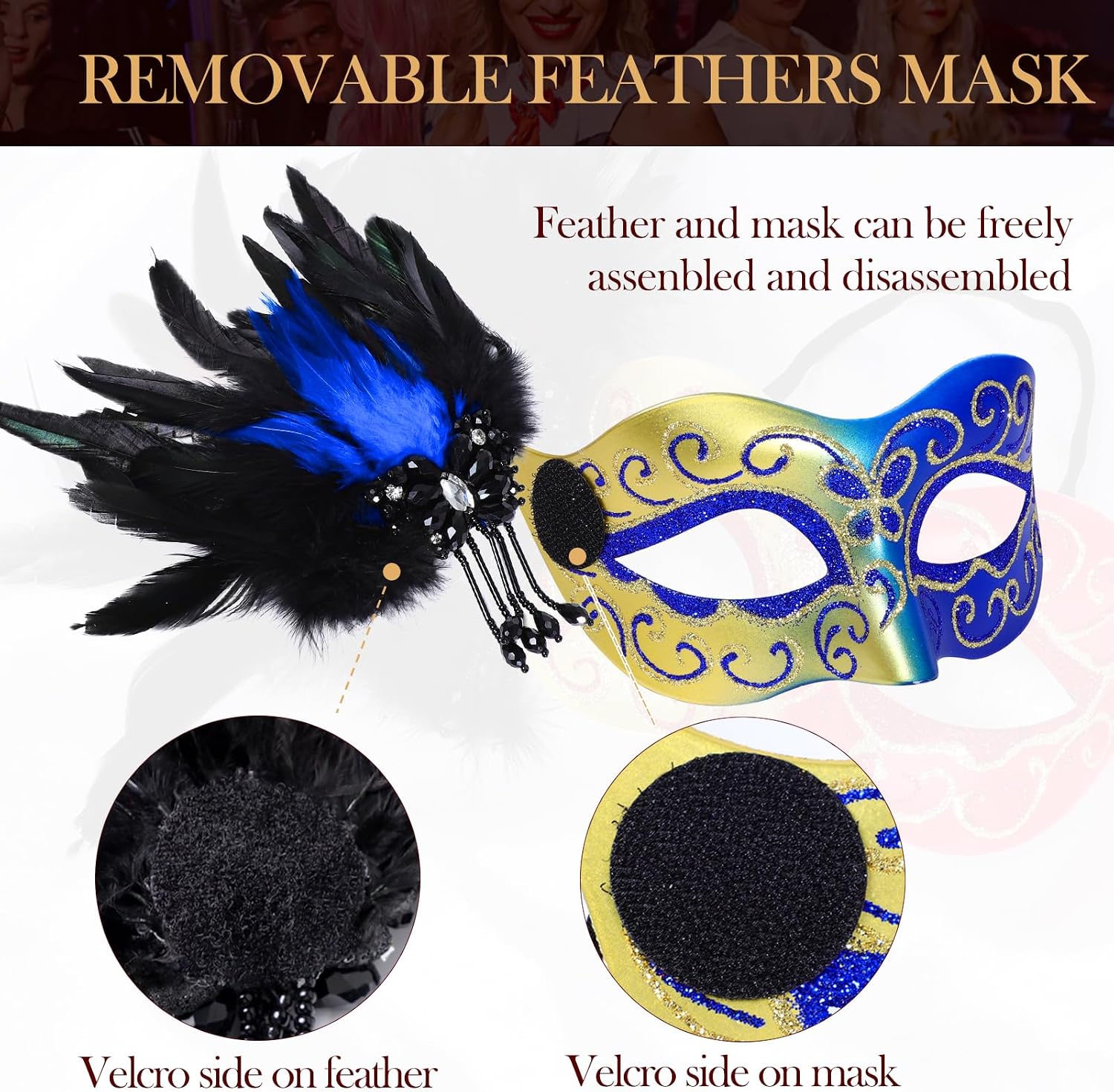 Womens Masquerade Mask with Detachable Feather - Antique Venetian Mask for Masquerade Party, Halloween,Mardi Gras Ball