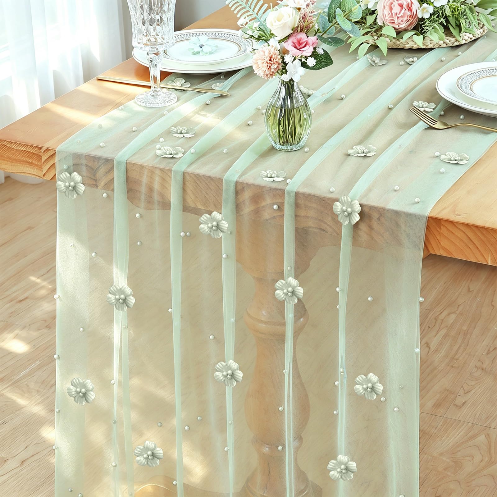 Pearl Gauze Table Runner Green 75x300cm Cheesecloth Table Runner Flower
