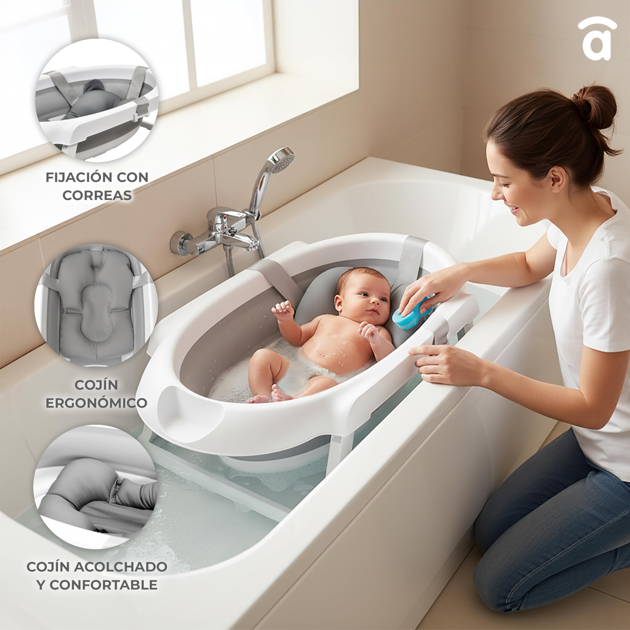 Asalvo LUIGI Bañera Plegable Bebé y Recién Nacido para Ducha, Baño Portátil para Niños, Diseño innovador, Con patas y reductor, Blanco