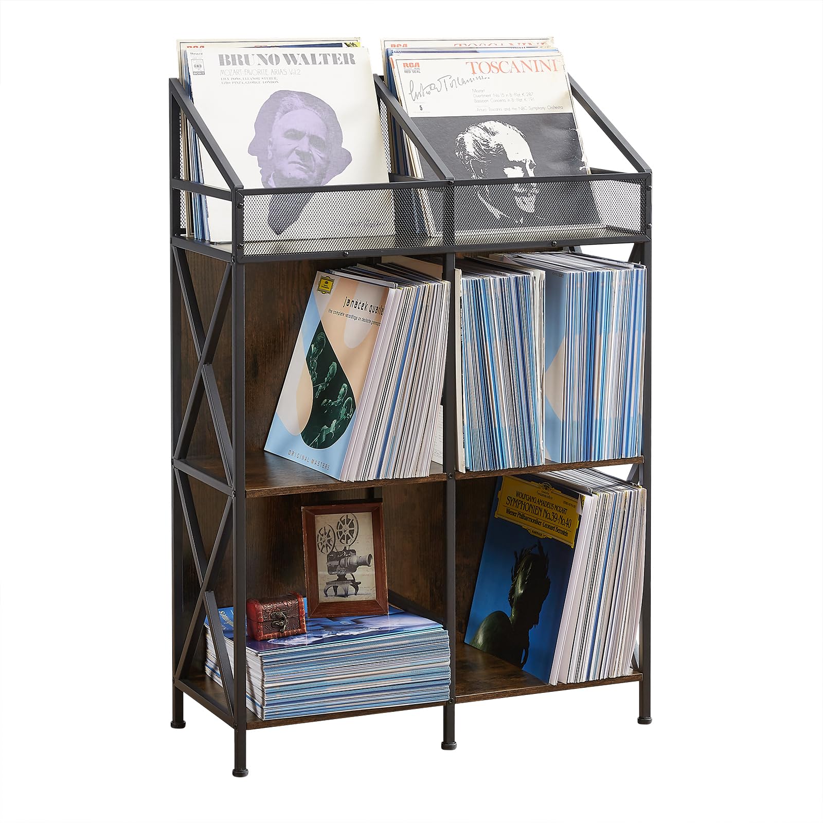 EYOCAL 6 Grids Vinyl Record Storage Holder Rack? Wooden Record Display Table for Magazines Files Albums Books for Living Room Bedroom Patent Pending