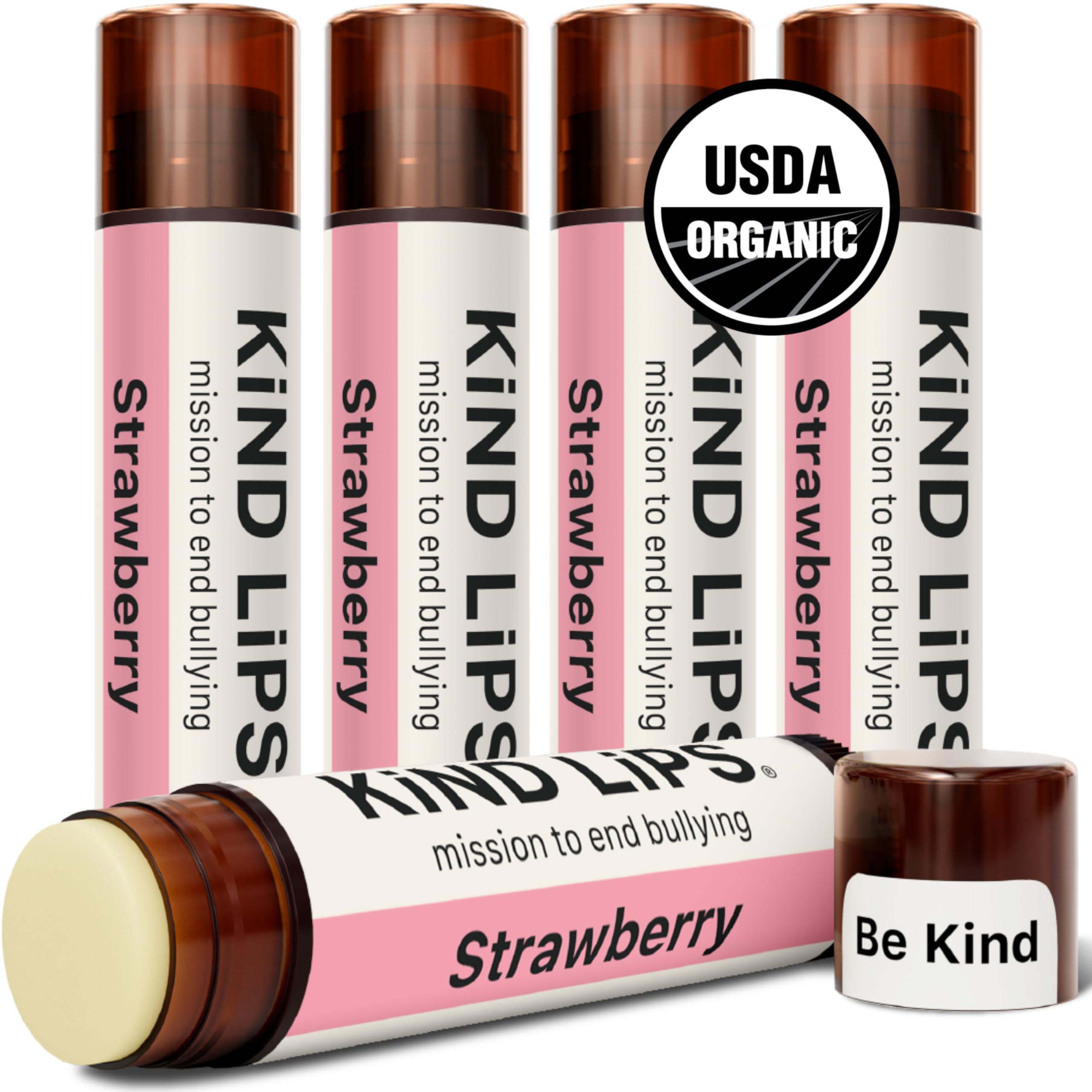 Kind Lips Bio-Lippenbalsam aus Erdbeere (5 Stück): Fruchtige, süße und langanhaltende Lippenpflege. 100 % natürlich, sauber, gluten- und getreidefrei • Lippenbalsam-Set mit Familienwert
