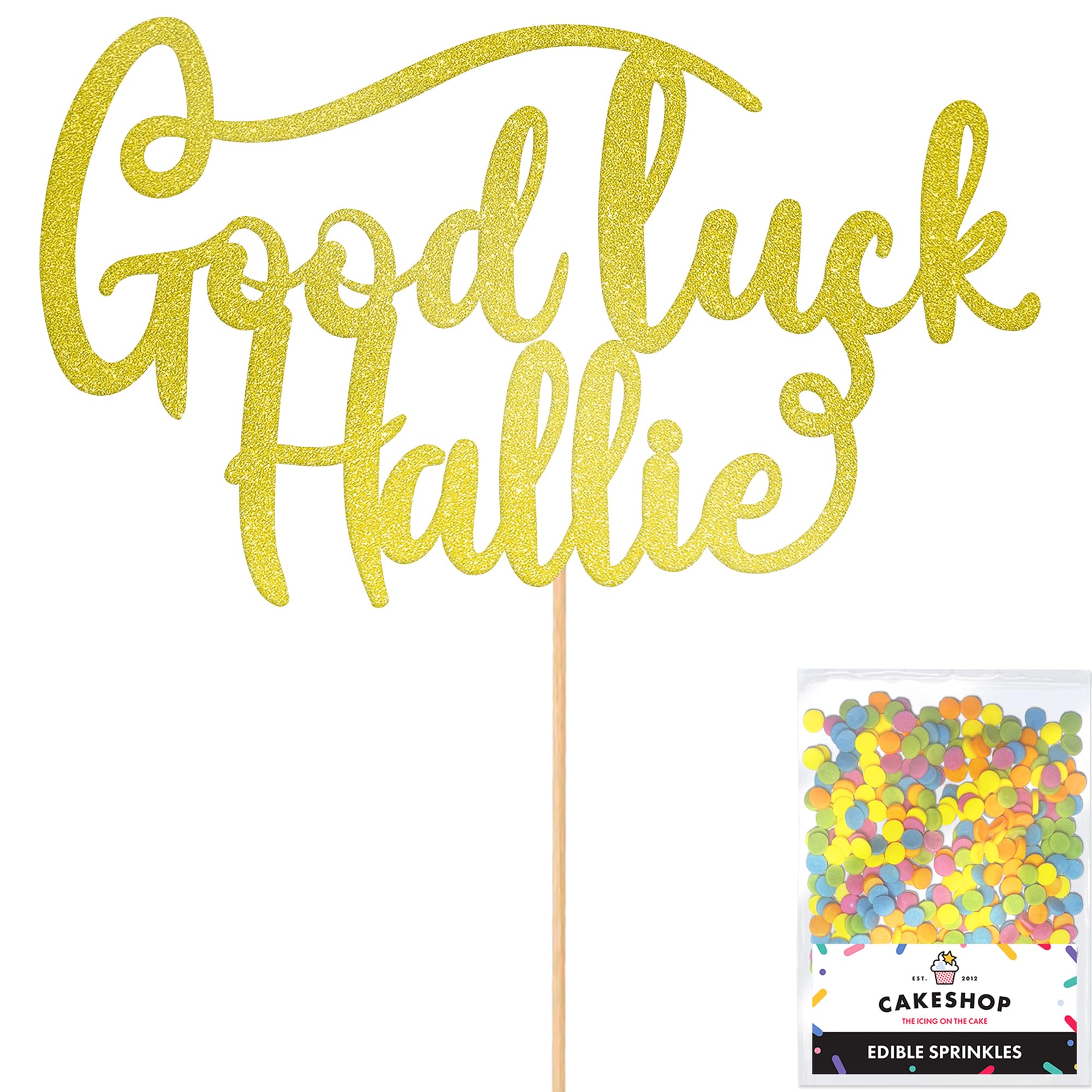 Cakeshop Personalised Good Luck Glitter Cake Topper With Sprinkles - Champagne Custom Colour - Any Name - Double-Sided Glitter Card Cake Decoration - Custom Toppers for Cakes