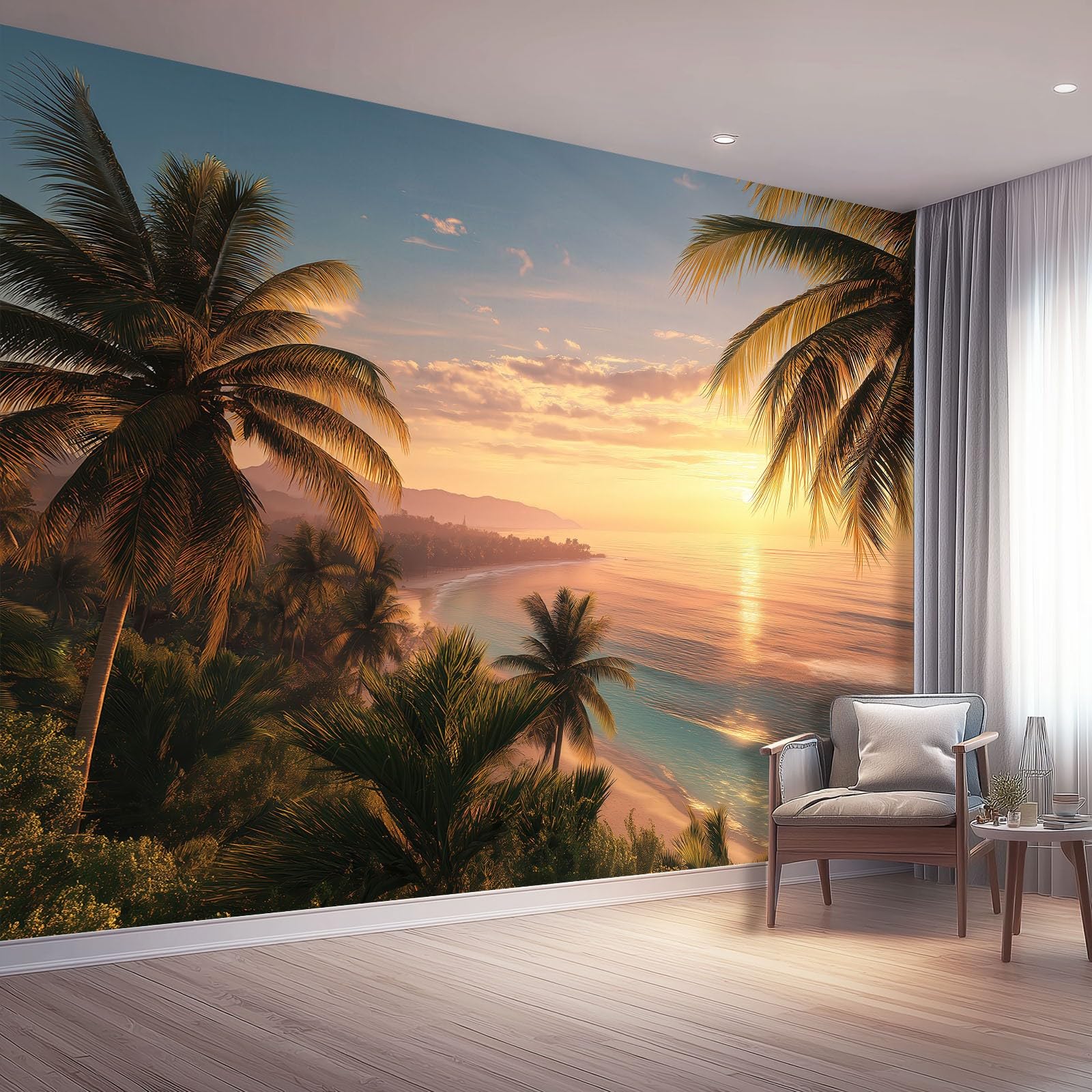 Fototapeta Tropikalna Fototapeta Żółty Plakat Plaża Zachód Słońca Fotografia Do Sypialni Salonu Tv Ściana 300 x 210 cm