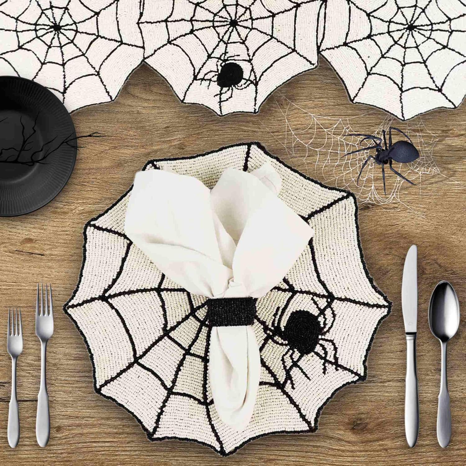 Halloween Bead Table Runner, Embroidered Spiderweb Runner in White and Black, Halloween Dining Table Décor - 35x 13 in
