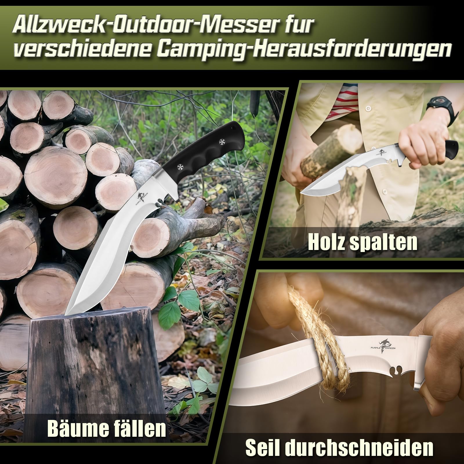 Purple Dragon Großes Outdoor Messer - Feststehende Klinge mit Scheide - Scharfe Bushcraft Camping Messers mit Holzgriff - Full Tang Messers Survival, Geschenke für Männer