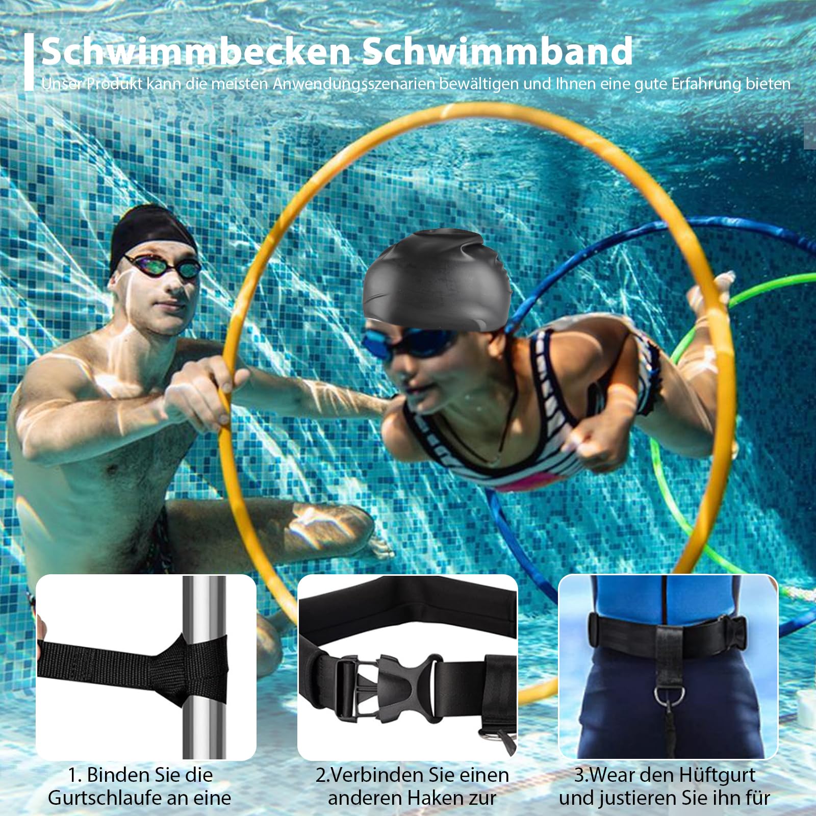 Schwimmgurt für Pool 3.6M Schwimmtrainer, Einstellbare Schwimmgürtel Geeignet für Jedes Pool Ohne Gegenstromanlage, Erhöht Kraft und Ausdauer für Kinder Erwachsene