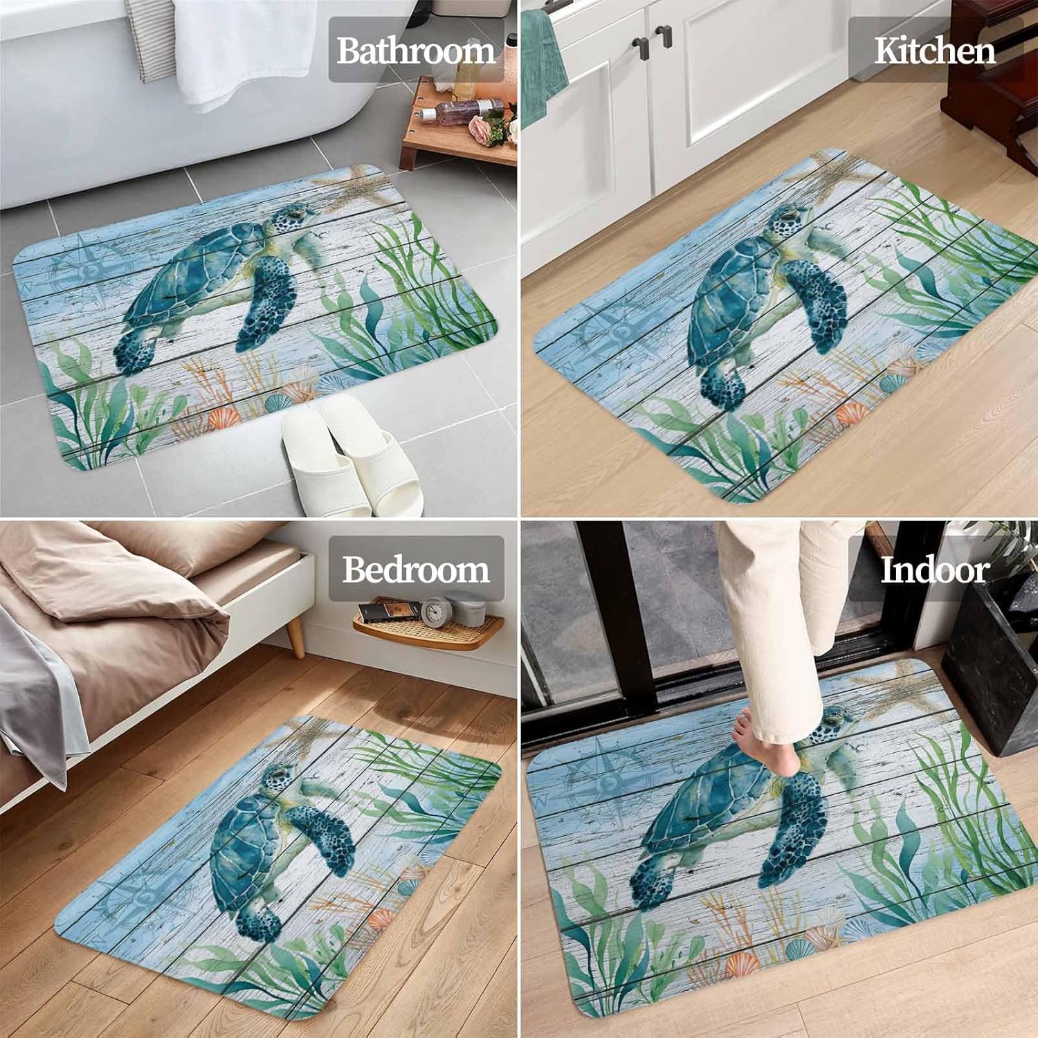 Custom Bed USA 18x30inch Ocean Theme Doormat, Door Rug for Kitchen Bathroom Living Room Indoor, Non-Slip Washable Door Mats for Home Decoration Sea Turtle Starfish Shell with Wooden Background