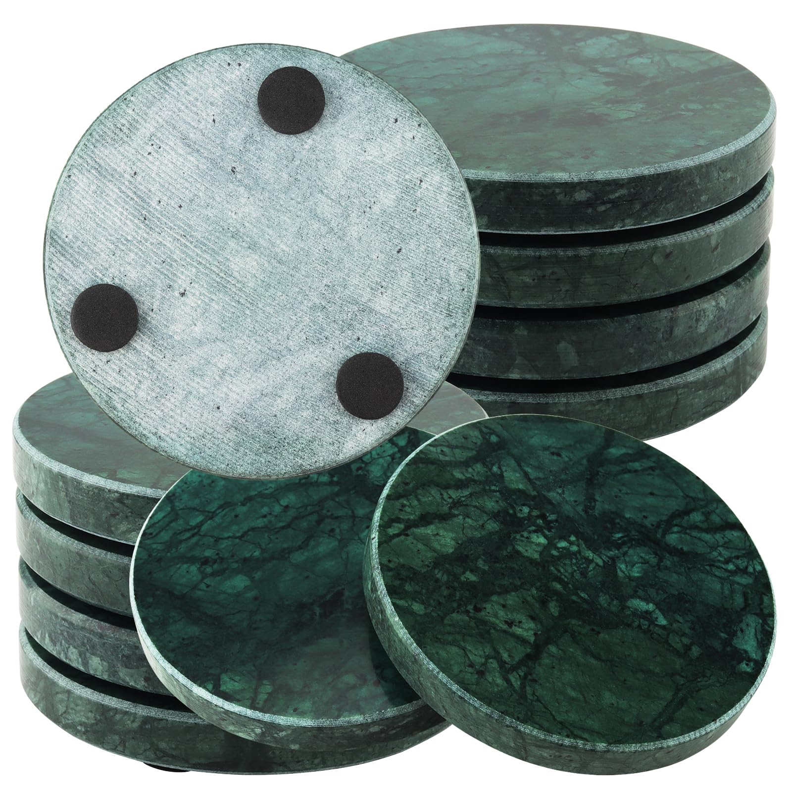 HEIHAK 8 PCS 4 Inches Marble Coasters, Round Stone Coasters with Non-Slip Bottom, Decorative Modern Coasters for Glasses, Cups, Mugs, Emerald