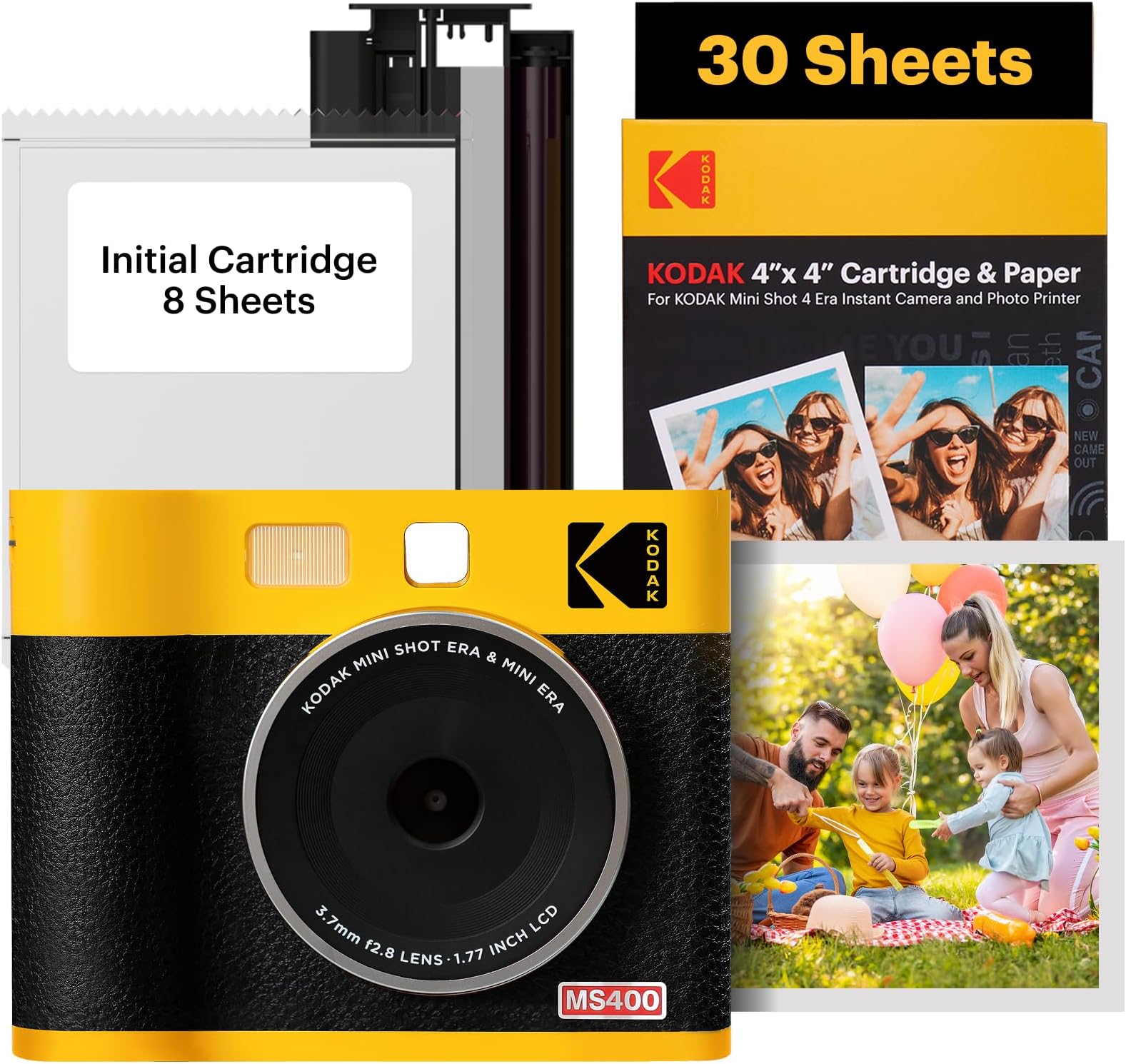 Mini Shot 4 Era 4x4” Instant Digital Camera & Photo Printer, 2-in-1 Portable Print Camera, Bluetooth Smartphone Printer for iOS & Android, 4PASS Dye Sublimation (Yellow, 70 Sheets)