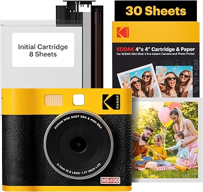 KODAK Mini Shot 4 Era 4PASS 2-in-1 Appareil Photo Instantané et Imprimante Photo Portable (10x10cm) (Lot Accessoire avec 38 Feuilles (8 Feuilles initiales + Paquet de 60 Feuilles), Noir)
