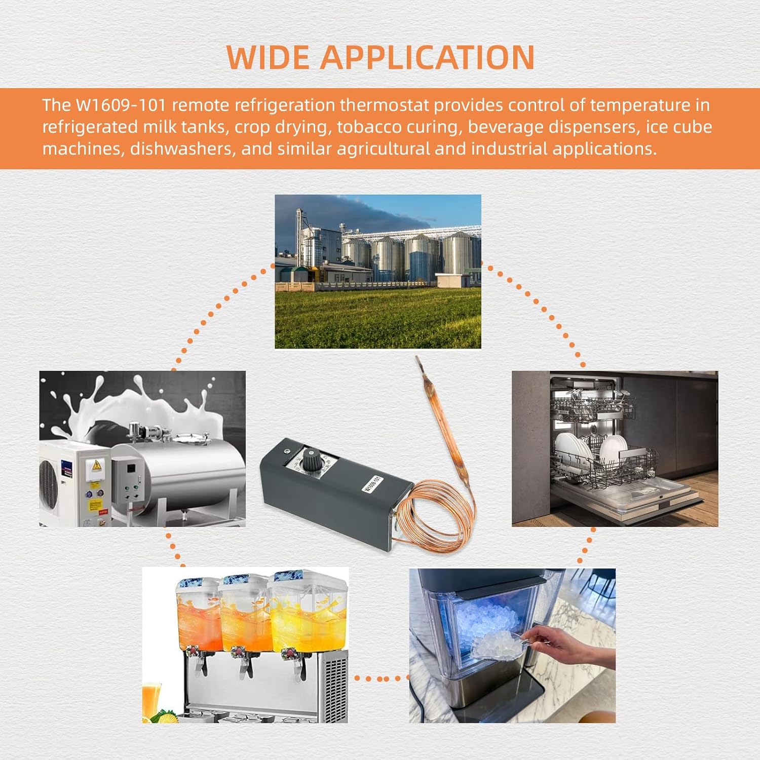 W1609-101 TH-1609 Refrigeration Thermostat Temperature Controller from -30 Degrees F to 90 Degrees F (-34 Degrees C to 32 Degrees C), 3.5 to 16 Degrees F (1.6 to 9 Degrees C), 5 Ft Capillary