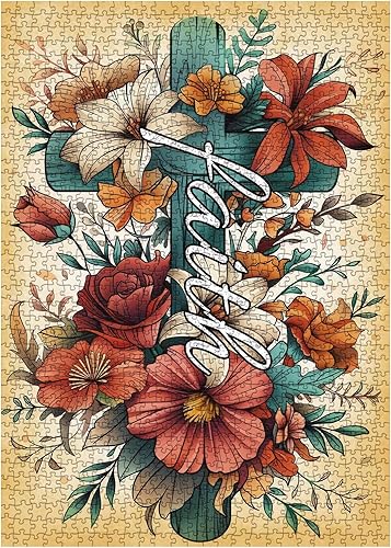 Miniatura 2 de Rompecabezas de cruz de flores vintage para adultos, 1000 piezas, rompecabezas florales religiosos cristianos, bonitos rompecabezas de arte católico