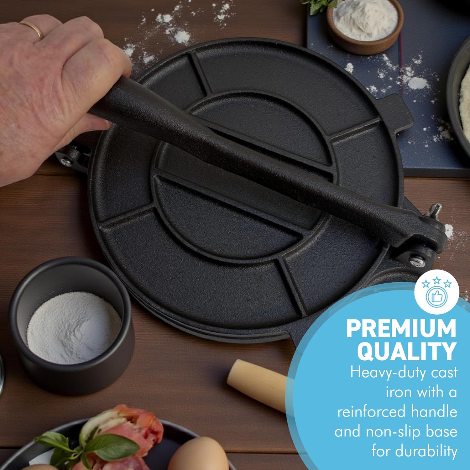 Premium 8" 𝗖𝗔𝗦𝗧 𝗜𝗥𝗢𝗡 𝗧𝗢𝗥𝗧𝗜𝗟𝗟𝗔 𝗣𝗥𝗘𝗦𝗦 – Heavy Duty Roti Maker, Taco & Quesadilla Press, Manual Dough Press, Non-Stick, Durable Kitchen Tool