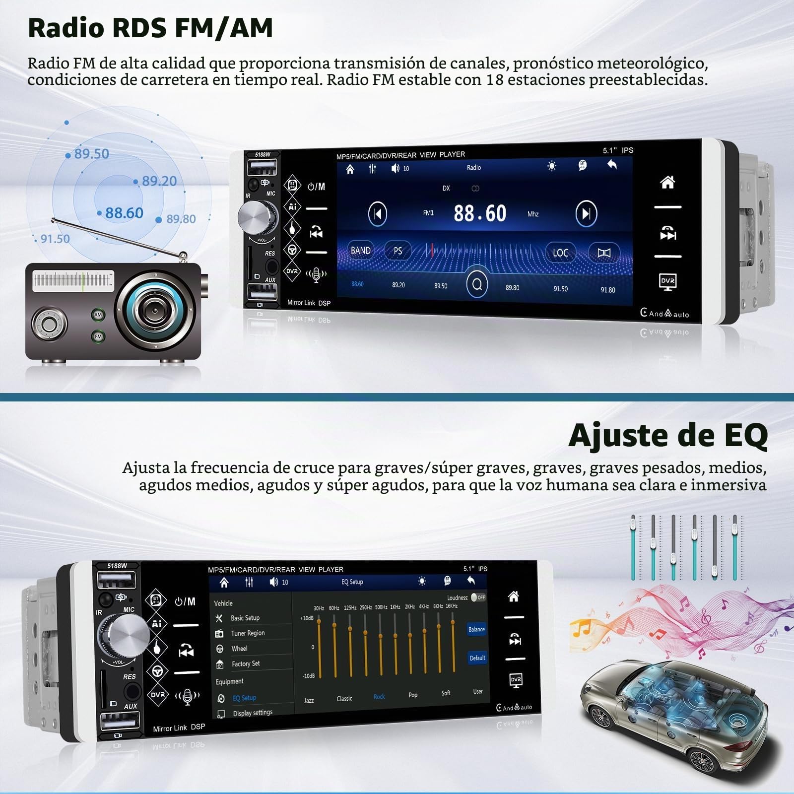 Inefala Pantalla Radio Coche 1 DIN con Carplay inalámbrico y Android Auto, Pantalla de 5,1 Pulgadas con Bluetooth, Mirror Link, Compatible con FM RDS, EQ, USB/AUX/TF, cámara de visión Trasera