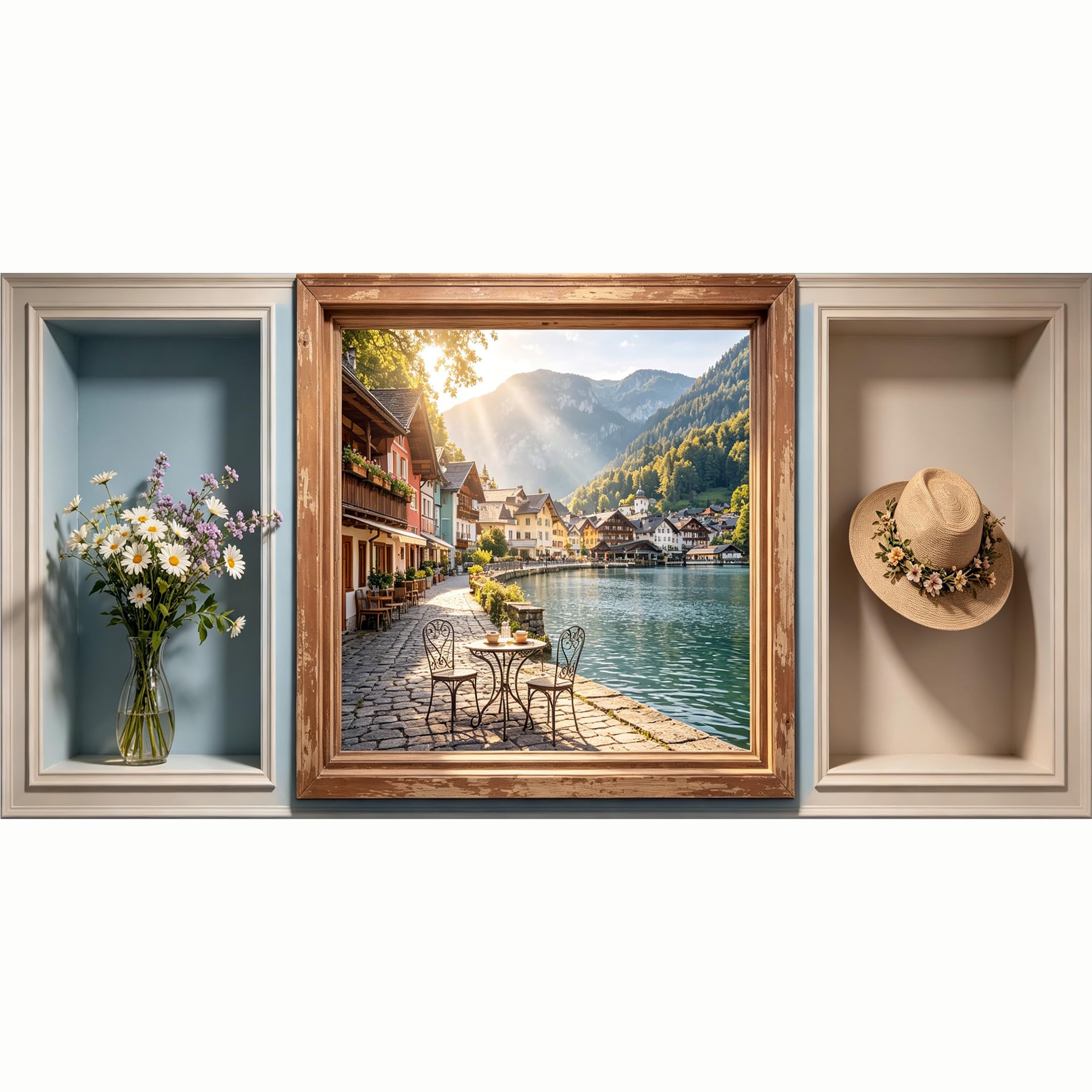 QZLITHOTIC 50x100cm 3D Framed Wall Art， Alpine Lake Village Mountain Landscape， WaterActivated Peel & Stick Fabric Decor Wall Decal for Bedroom Living Room