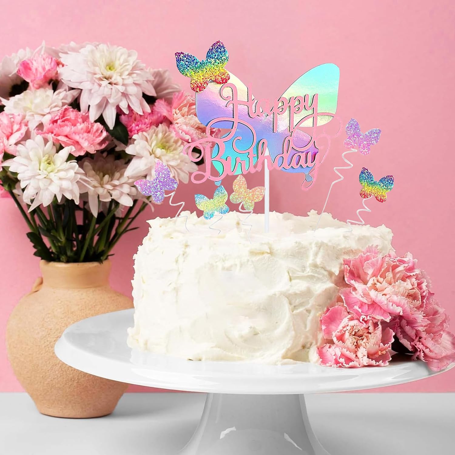 Happy Birthday Cake Topper, 6Pcs Glitter Gradient Colour Butterfly Cake Decoration Suitable for celebrating a birthday party Anniversary themed party Cake Decoration Supplies -Pink