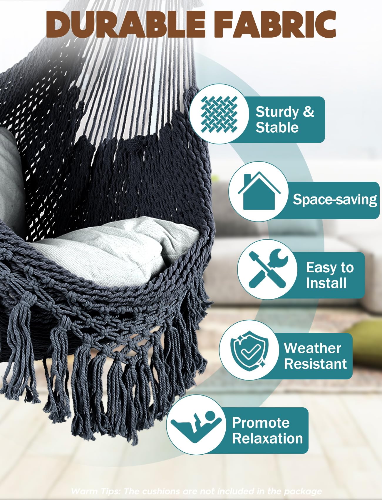 Chihee Hängesessel handgefertigter Hängesessel aus Baumwollseil gewebter Sitz weich gesponnen große Dehnbare Hängematte, zusammenklappbar stabile Metallspreizstange, Elegante Tassel drinnen draußen