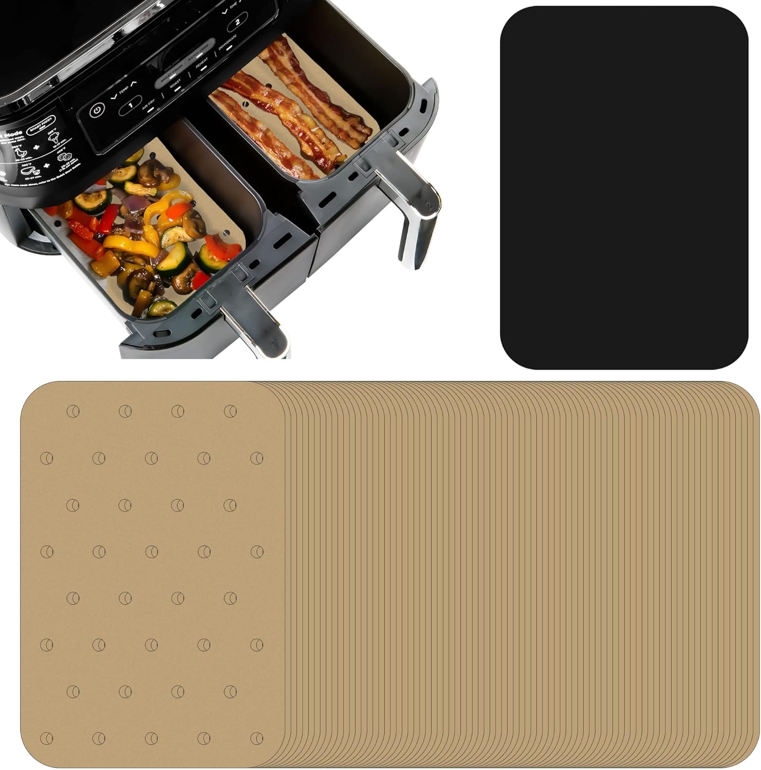 Air Fryer Parchment Paper Accessories for Ninja Foodi Dual Air Fryer DZ201 DZ401, 200pcs Unbleached Liners & Heat Resistant Mat, Double Basket Ninja 8 qt 10 qt Sheets for Basket by INFRAOVENS (Brown (200pcs)) Thumbnail